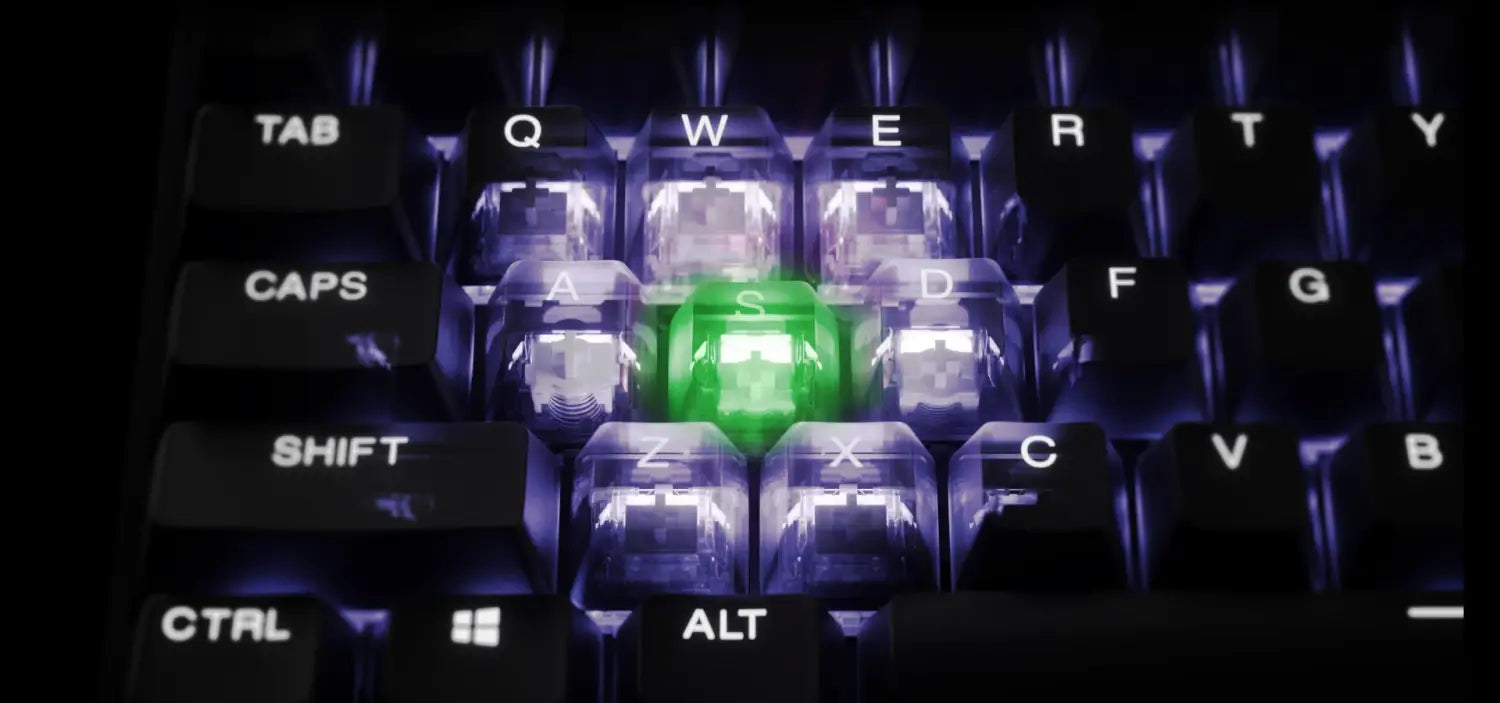 A close-up of the ASDF keys, which are illuminated and transparent