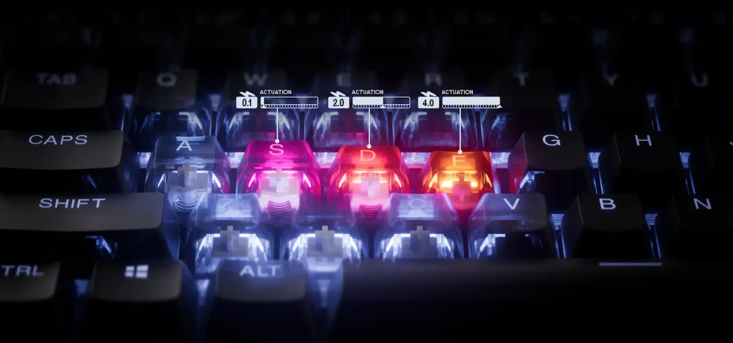 A close-up of the ASDF keys, which are illuminated and transparent.