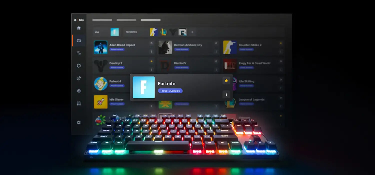 A TKL Size Apex Pro Gen 3 keyboard, with a screenshot of the GG software displayed opposite it.