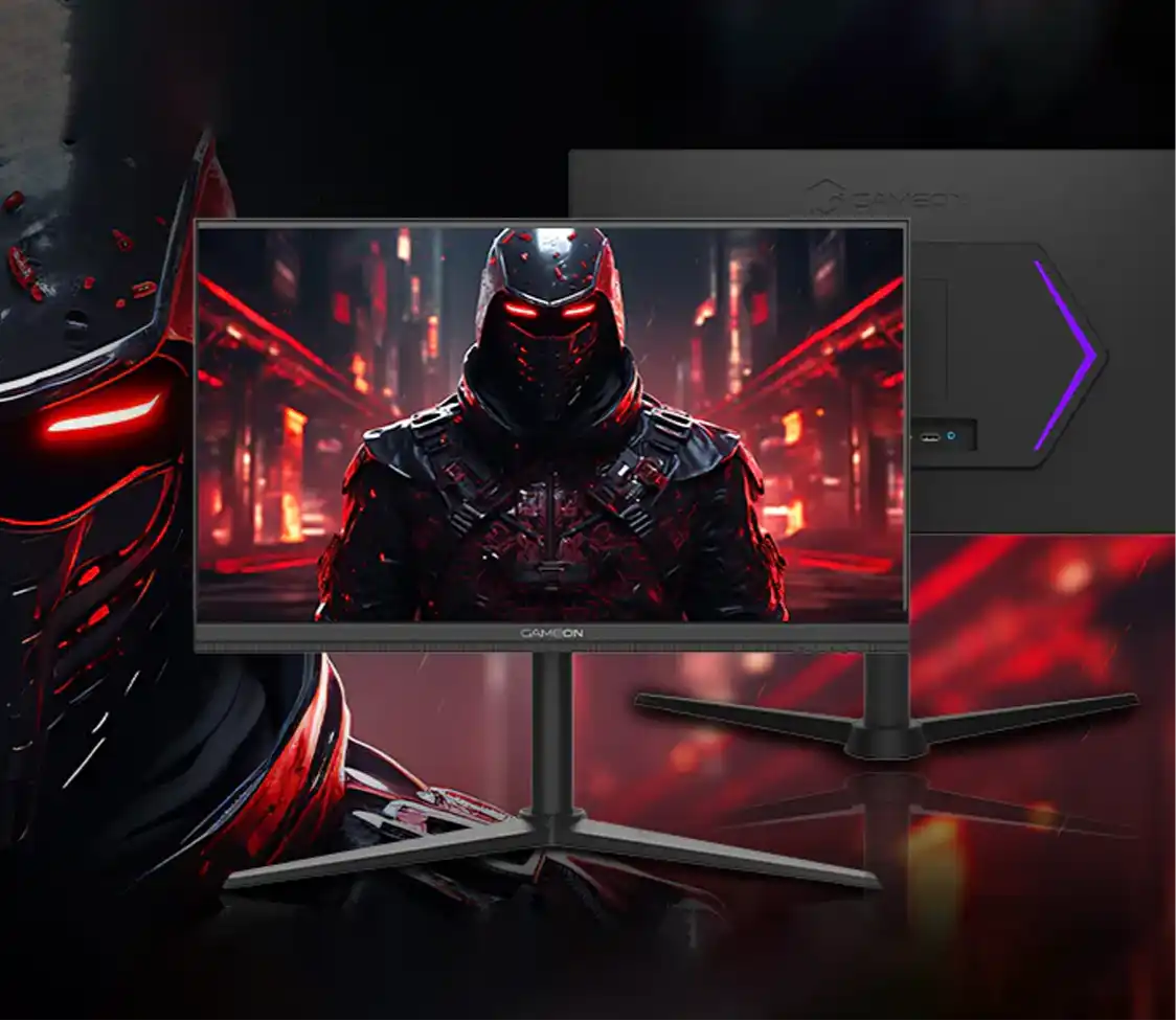 Black gaming monitor displaying a character with glowing red eyes.