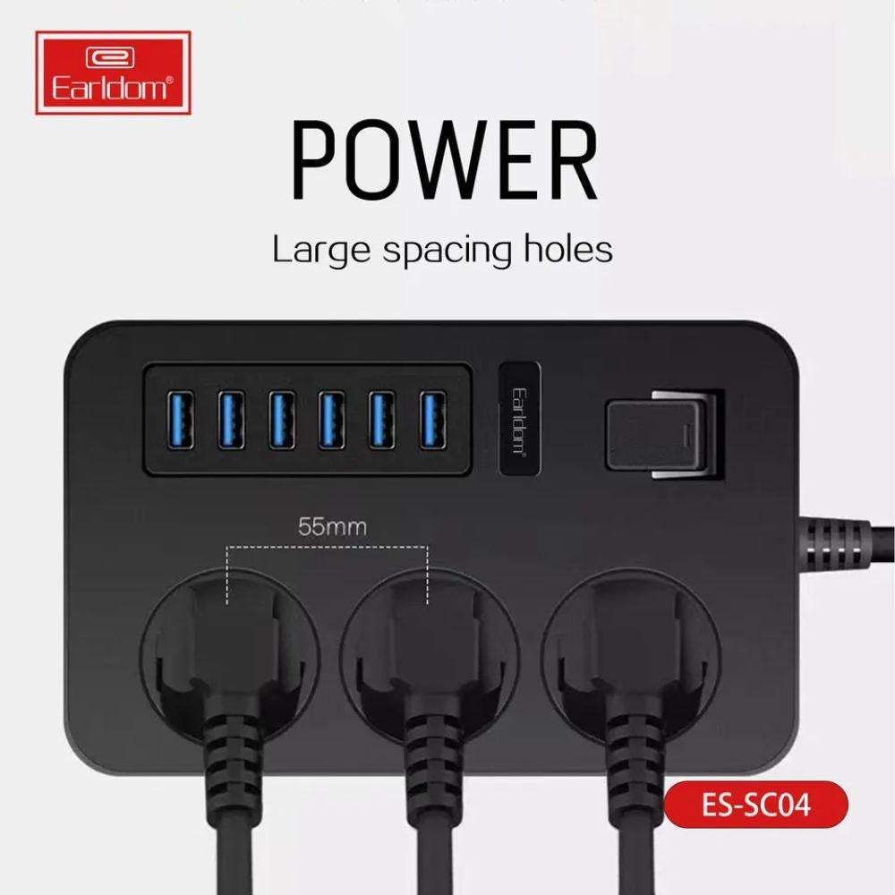 Earldom SC04 EU Socket 3000W 6USB Ports 3 Power Socket 3.1A 200CM Cables &