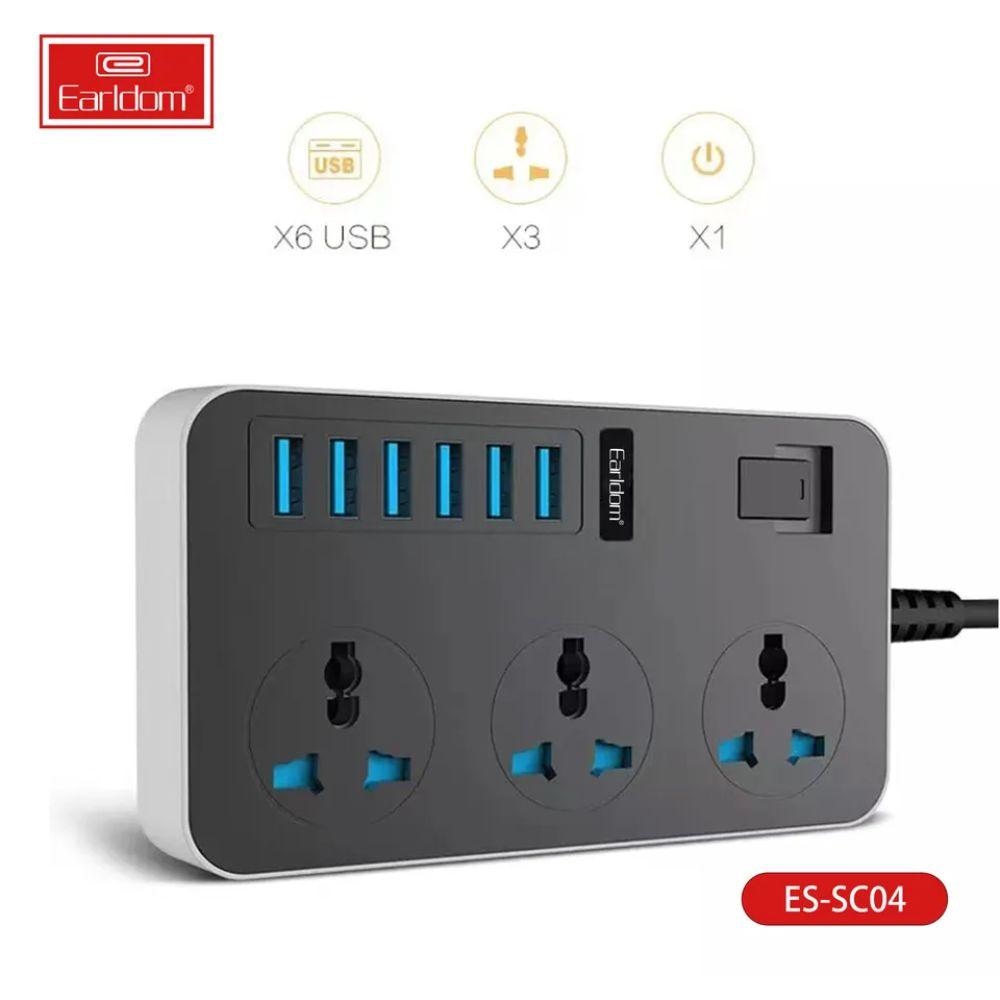 Earldom SC04 EU Socket 3000W 6USB Ports 3 Power Socket 3.1A 200CM Cables &