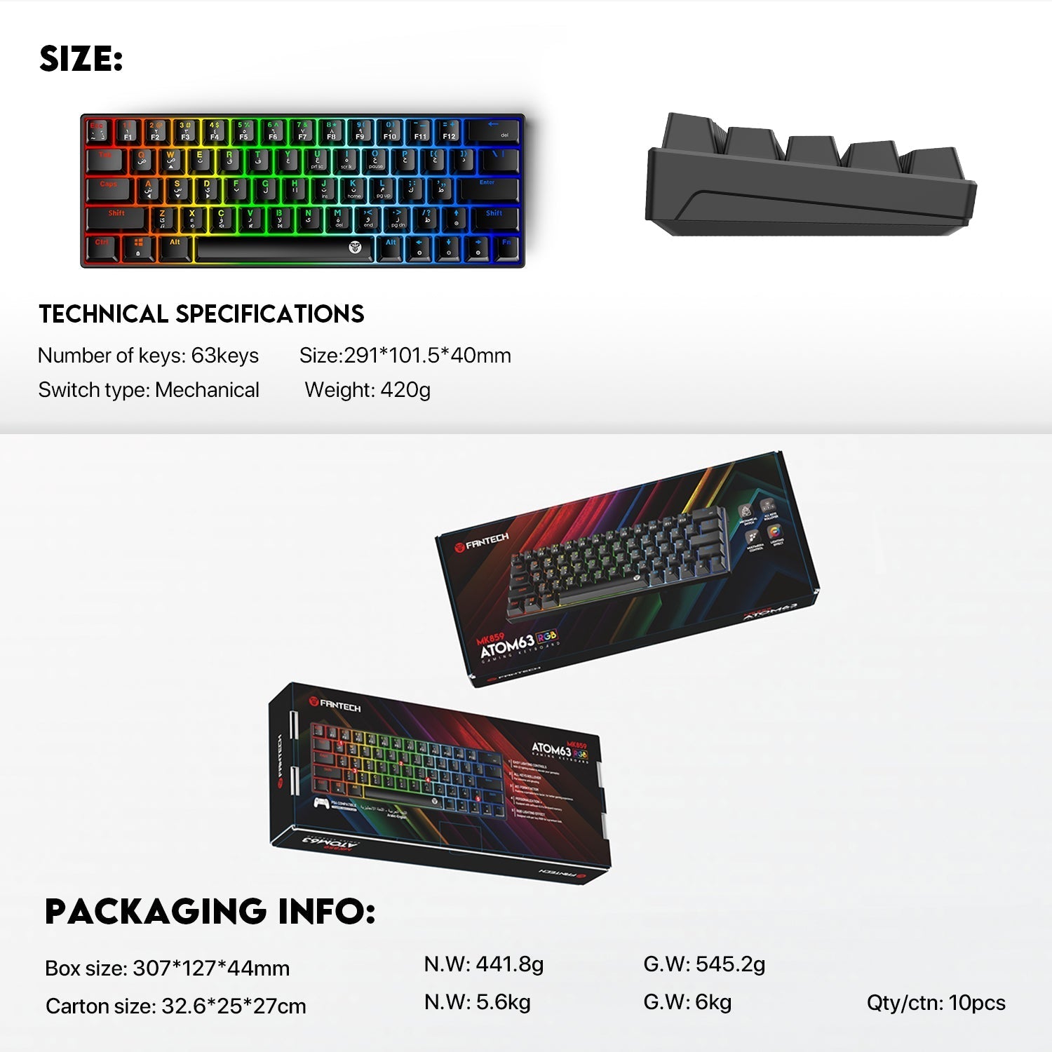Fantech Atom63 MK859 Mechanical Gaming Keyboard Arabic/English Keyboard
