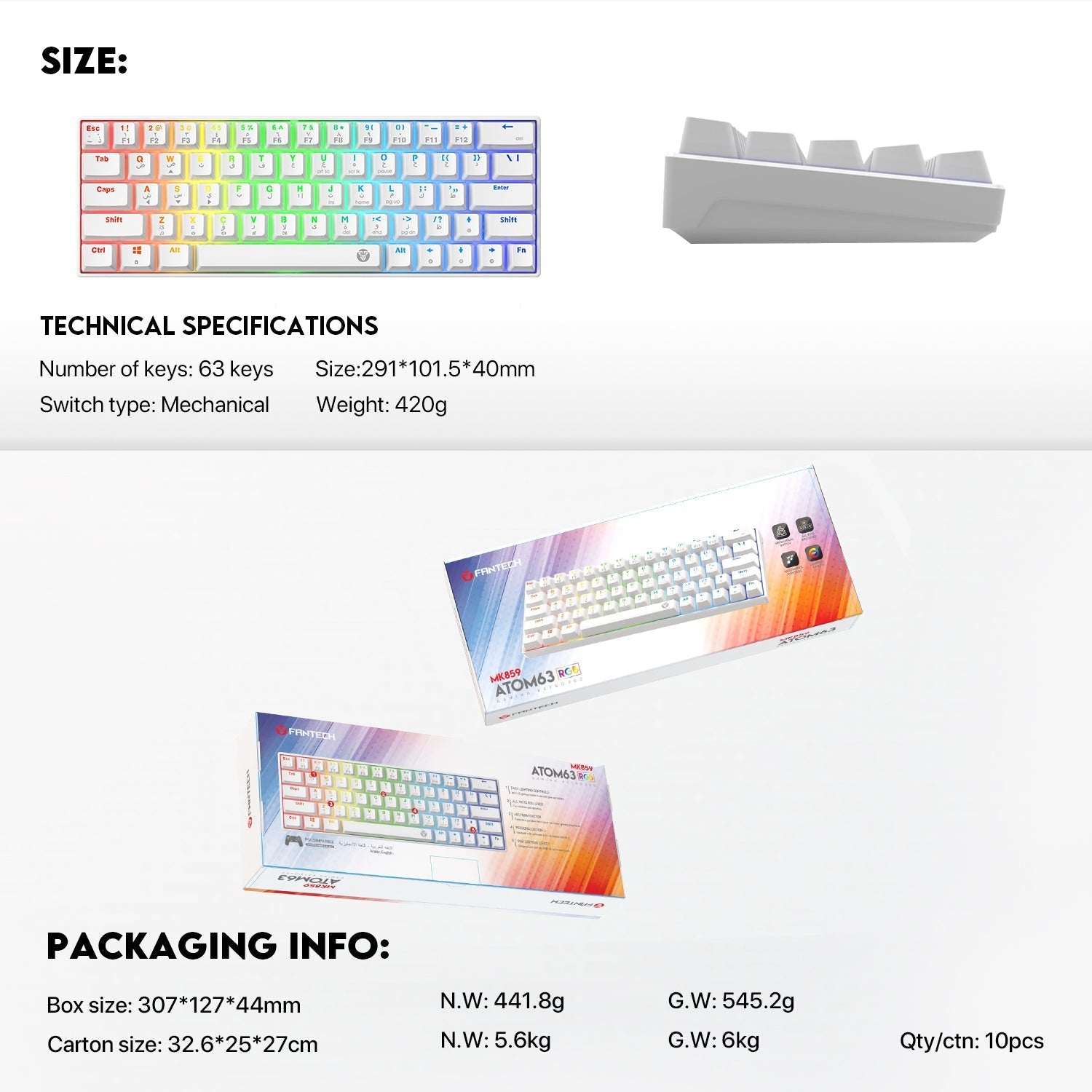 Fantech Atom63 MK859 Mechanical Gaming Keyboard Arabic/English Keyboard