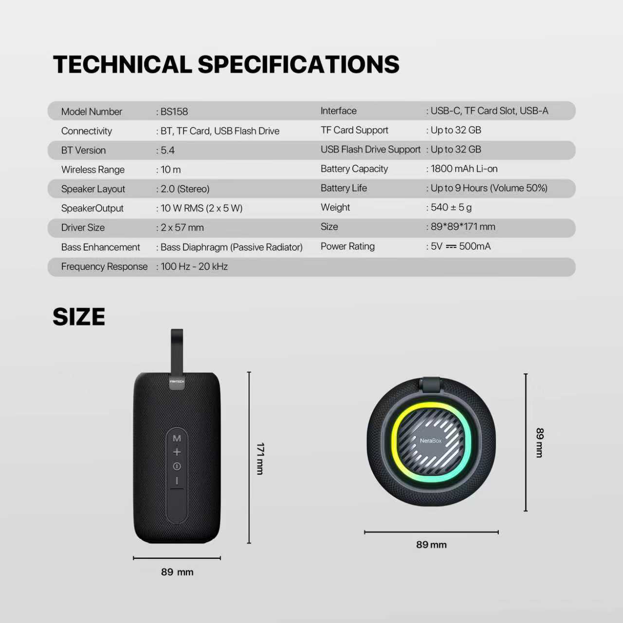 Fantech Bs159 True Wireless Rms Speaker Tws Deep Bass 10w 57mm Driver 4-way Connectivity Bt Tf Card Usb Rgb Portable
