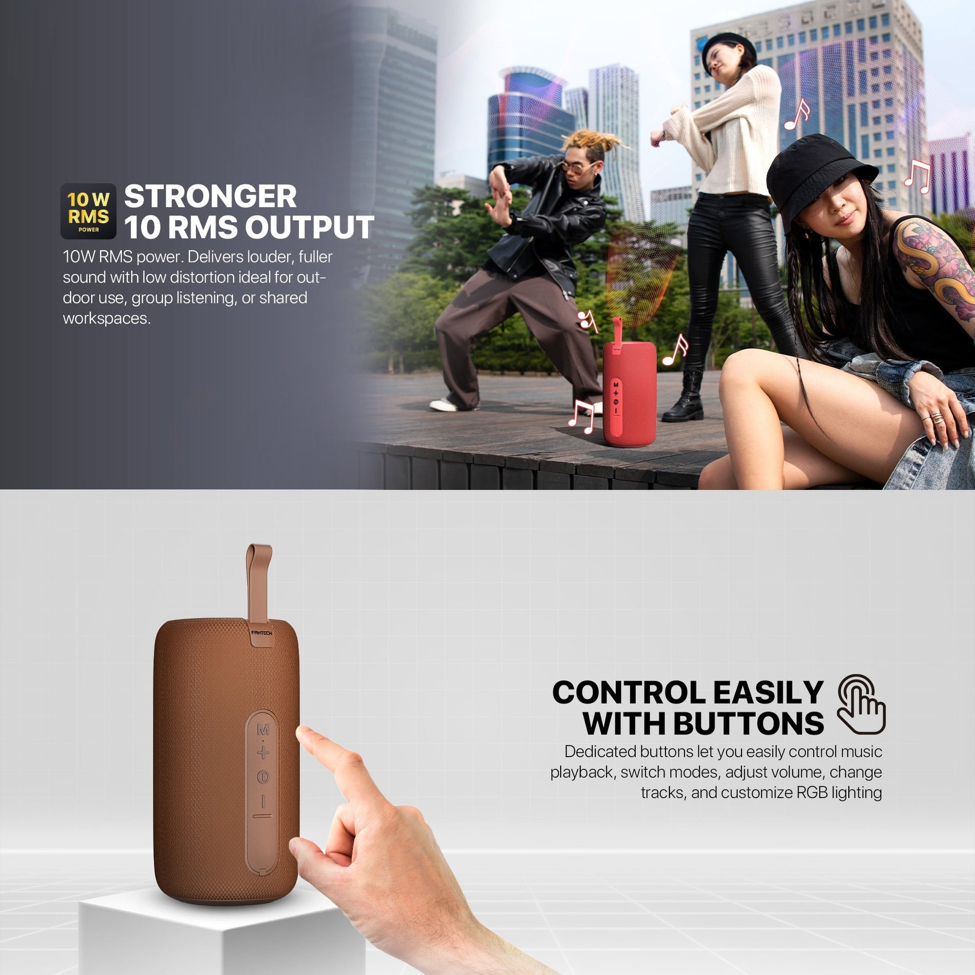 Fantech Bs159 True Wireless Rms Speaker Tws Deep Bass 10w 57mm Driver 4-way Connectivity Bt Tf Card Usb Rgb Portable