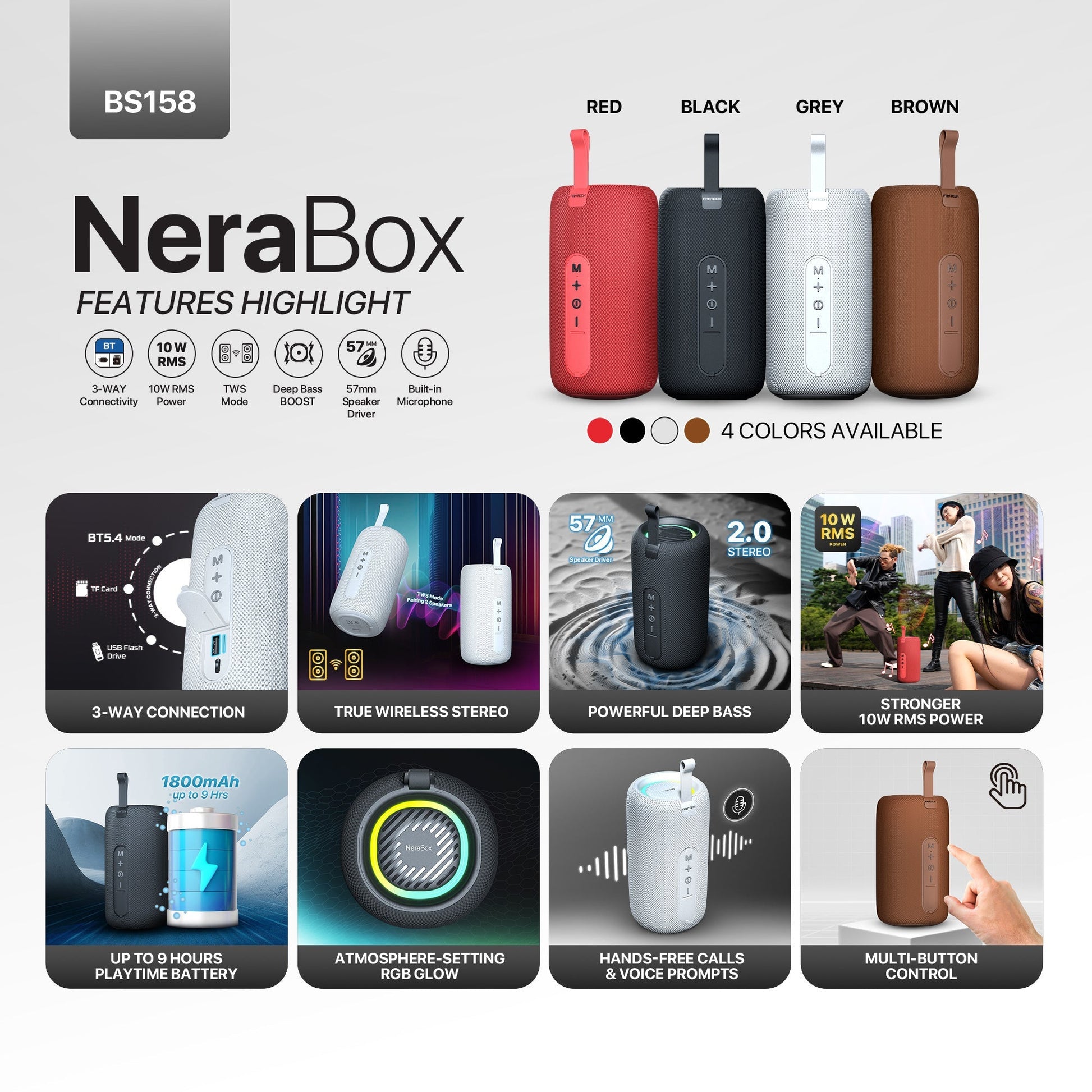 Fantech Bs159 True Wireless Rms Speaker Tws Deep Bass 10w 57mm Driver 4-way Connectivity Bt Tf Card Usb Rgb Portable