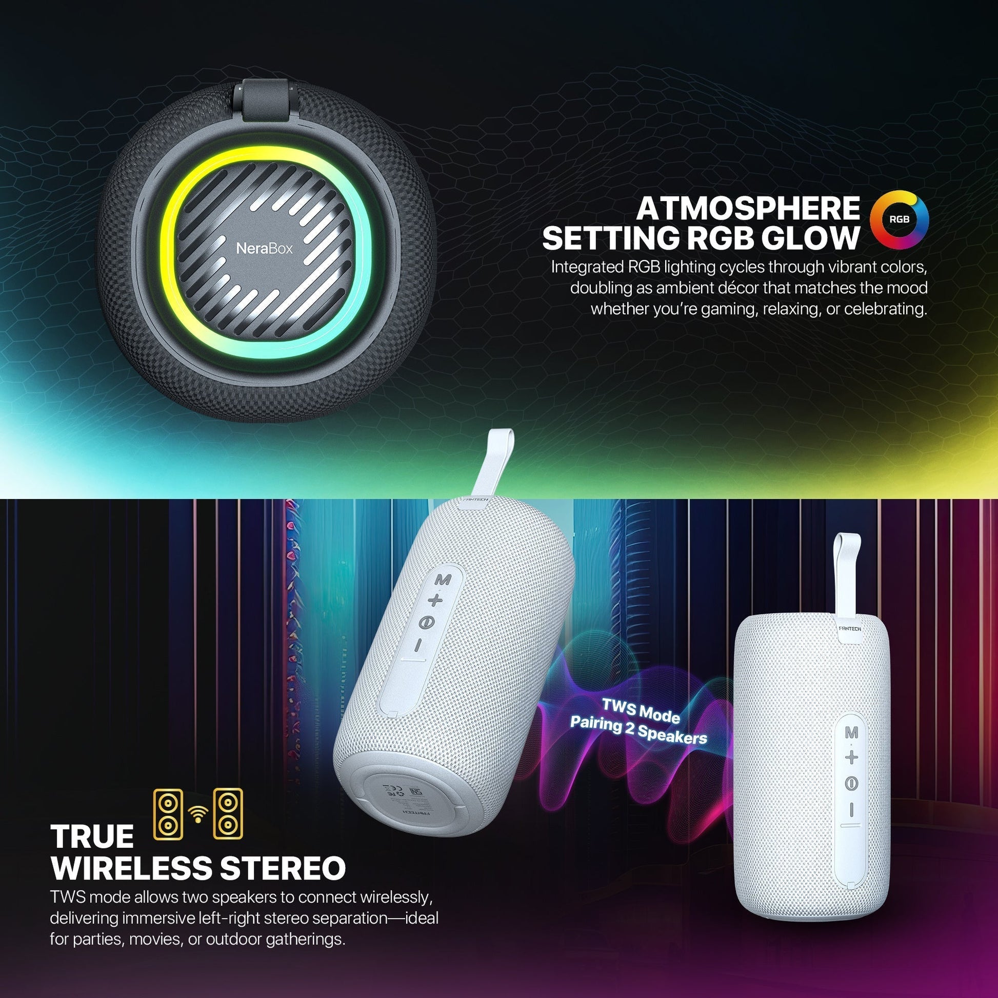 Fantech Bs159 True Wireless Rms Speaker Tws Deep Bass 10w 57mm Driver 4-way Connectivity Bt Tf Card Usb Rgb Portable