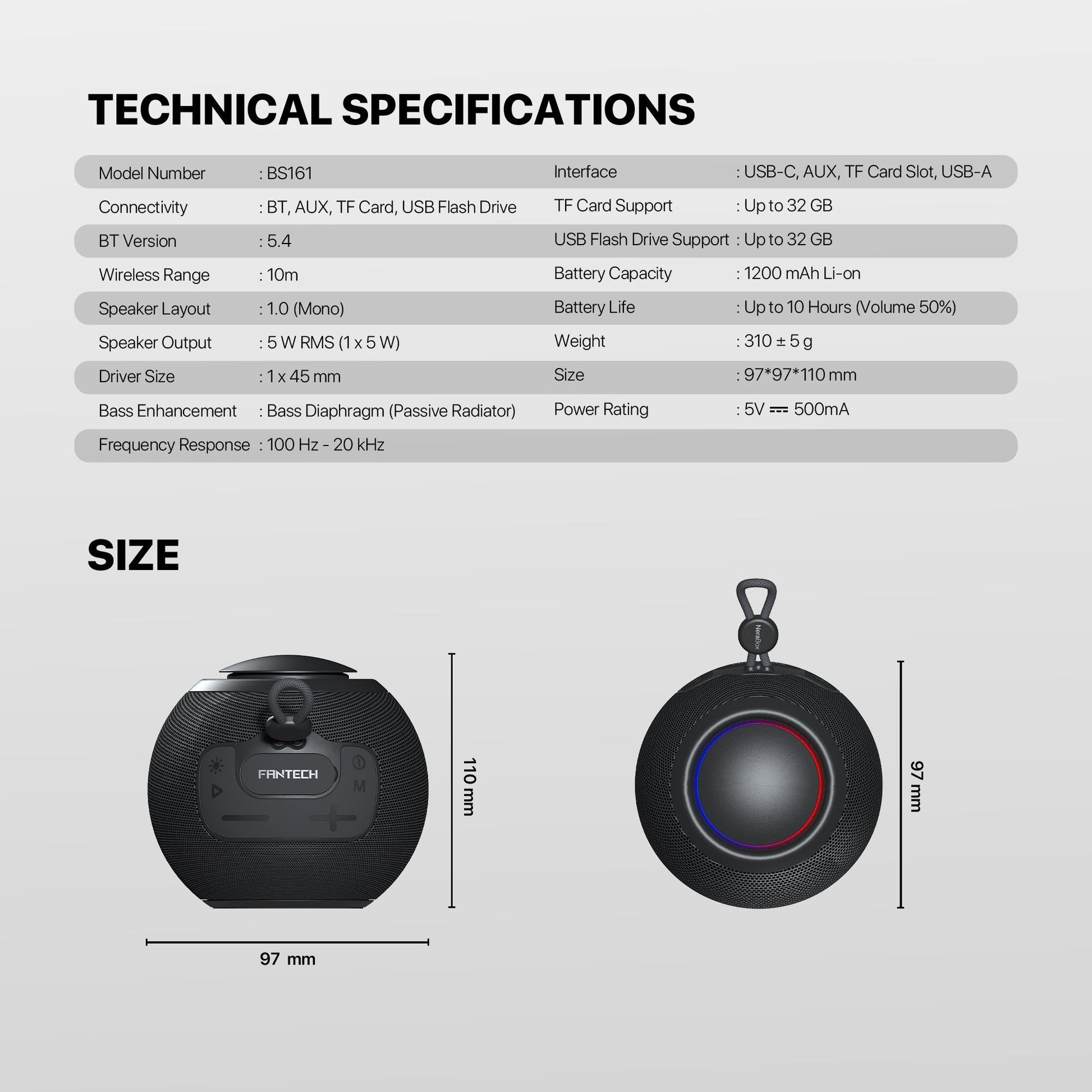 Fantech Bs161 Portable Bt Wireless Speaker Tws 4-way Connectivity Tf Card Party use Hands-free Call Rgb Mini Deep Bass
