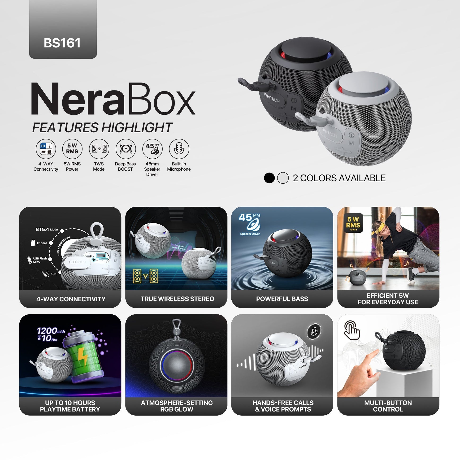 Fantech Bs161 Portable Bt Wireless Speaker Tws 4-way Connectivity Tf Card Party use Hands-free Call Rgb Mini Deep Bass