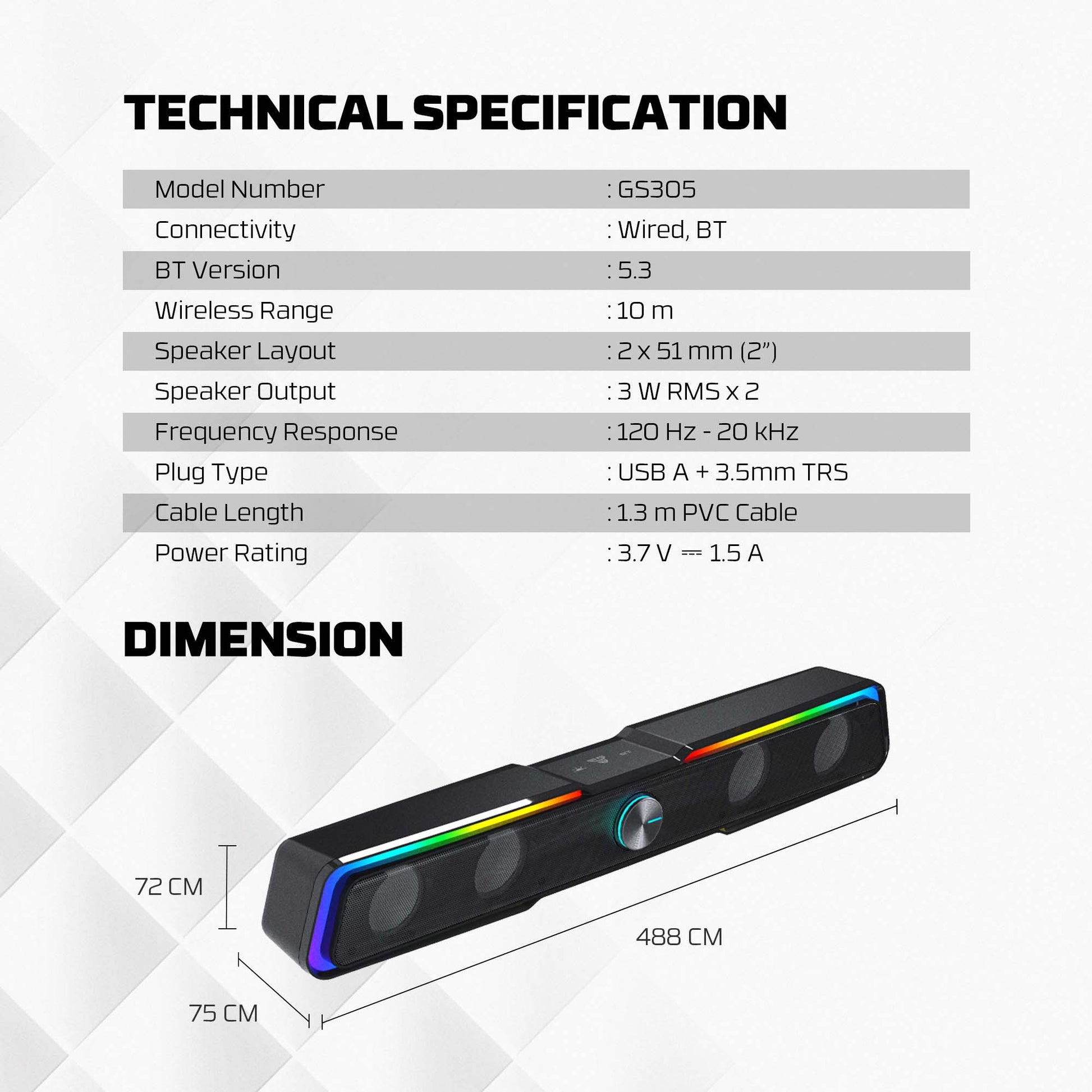 Fantech GS305 Bluetooth 5.3 Soundbar Dual mode RGB Lighting Gaming Speaker Audio