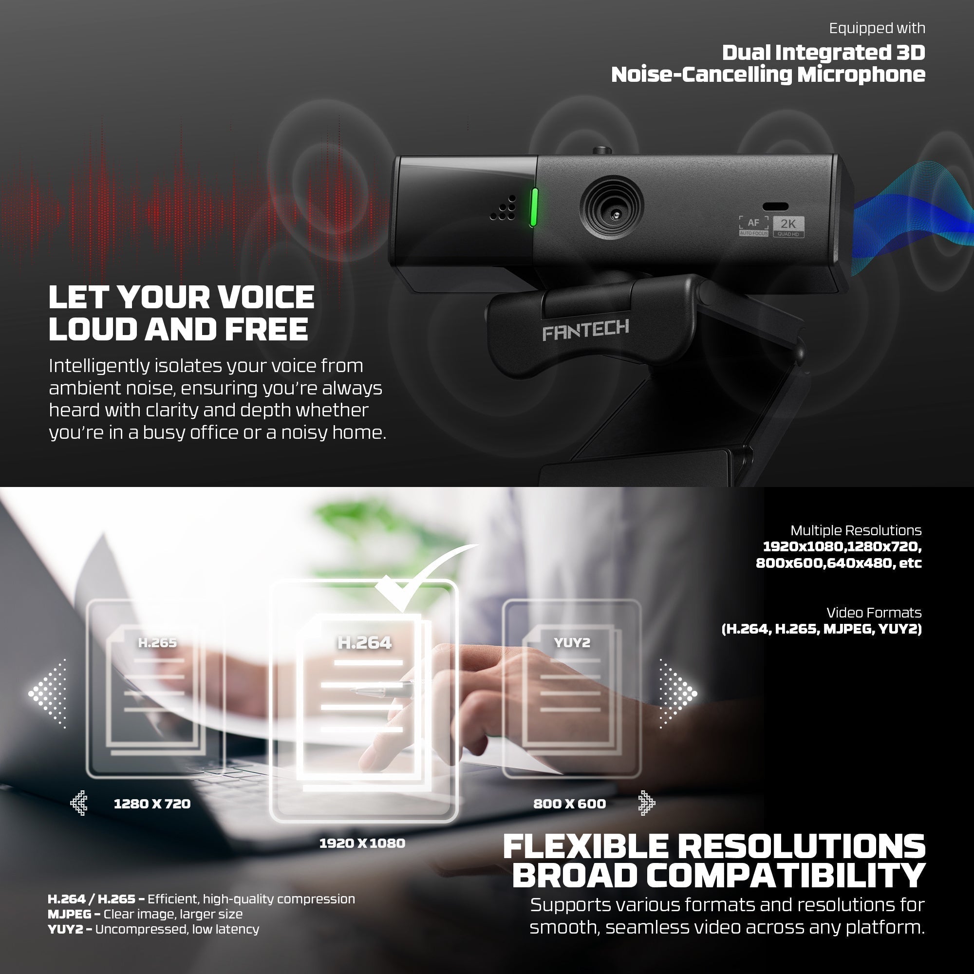 Fantech Luminous C50 Quad High-definition Webcam 2k Quad-hd Support 60 Fps & 3d Noise Cancelling Mic - Streaming