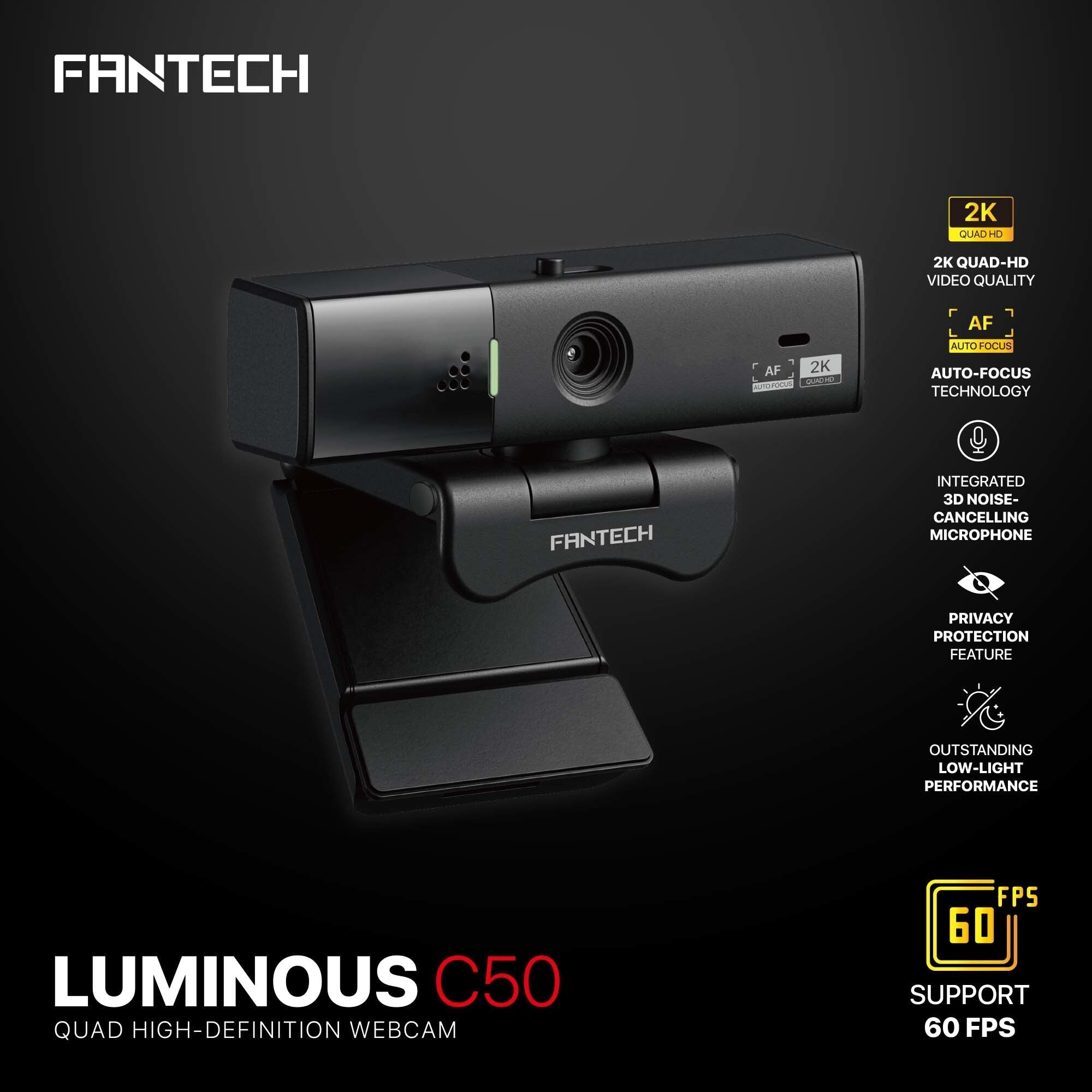 Fantech Luminous C50 Quad High-definition Webcam 2k Quad-hd Support 60 Fps & 3d Noise Cancelling Mic - Streaming