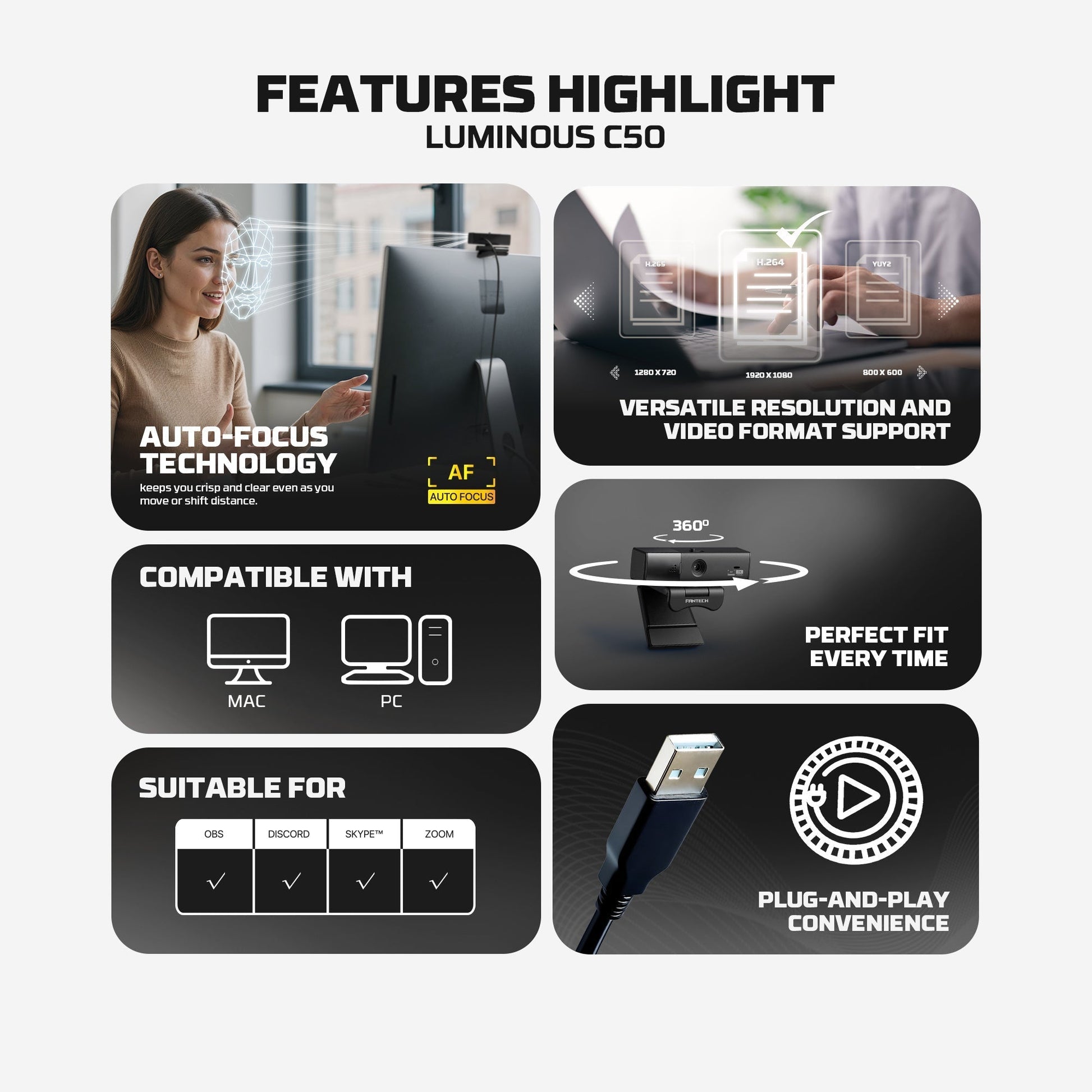 Fantech Luminous C50 Quad High-definition Webcam 2k Quad-hd Support 60 Fps & 3d Noise Cancelling Mic - Streaming