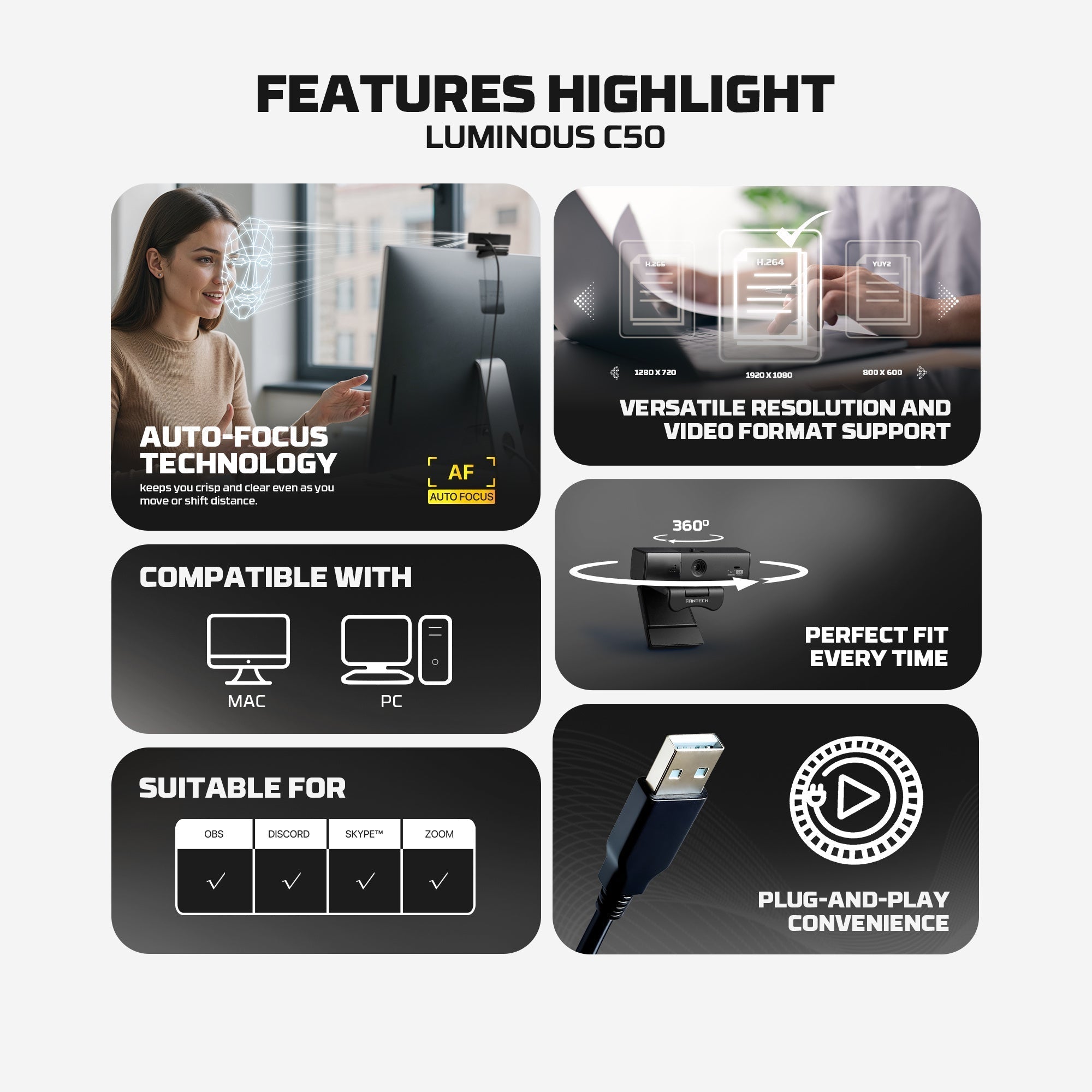 Fantech Luminous C50 Quad High-definition Webcam 2k Quad-hd Support 60 Fps & 3d Noise Cancelling Mic - Streaming