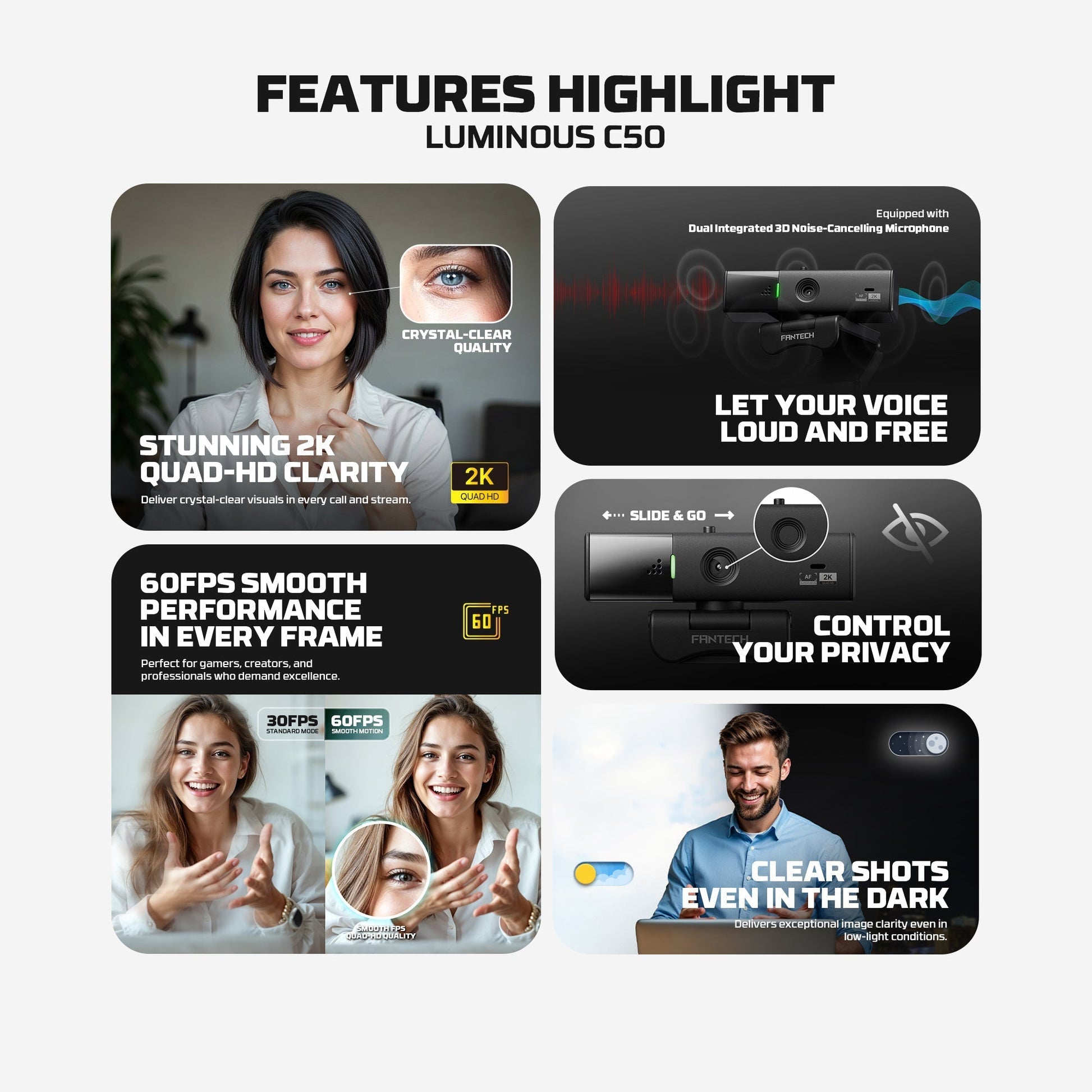 Fantech Luminous C50 Quad High-definition Webcam 2k Quad-hd Support 60 Fps & 3d Noise Cancelling Mic - Streaming