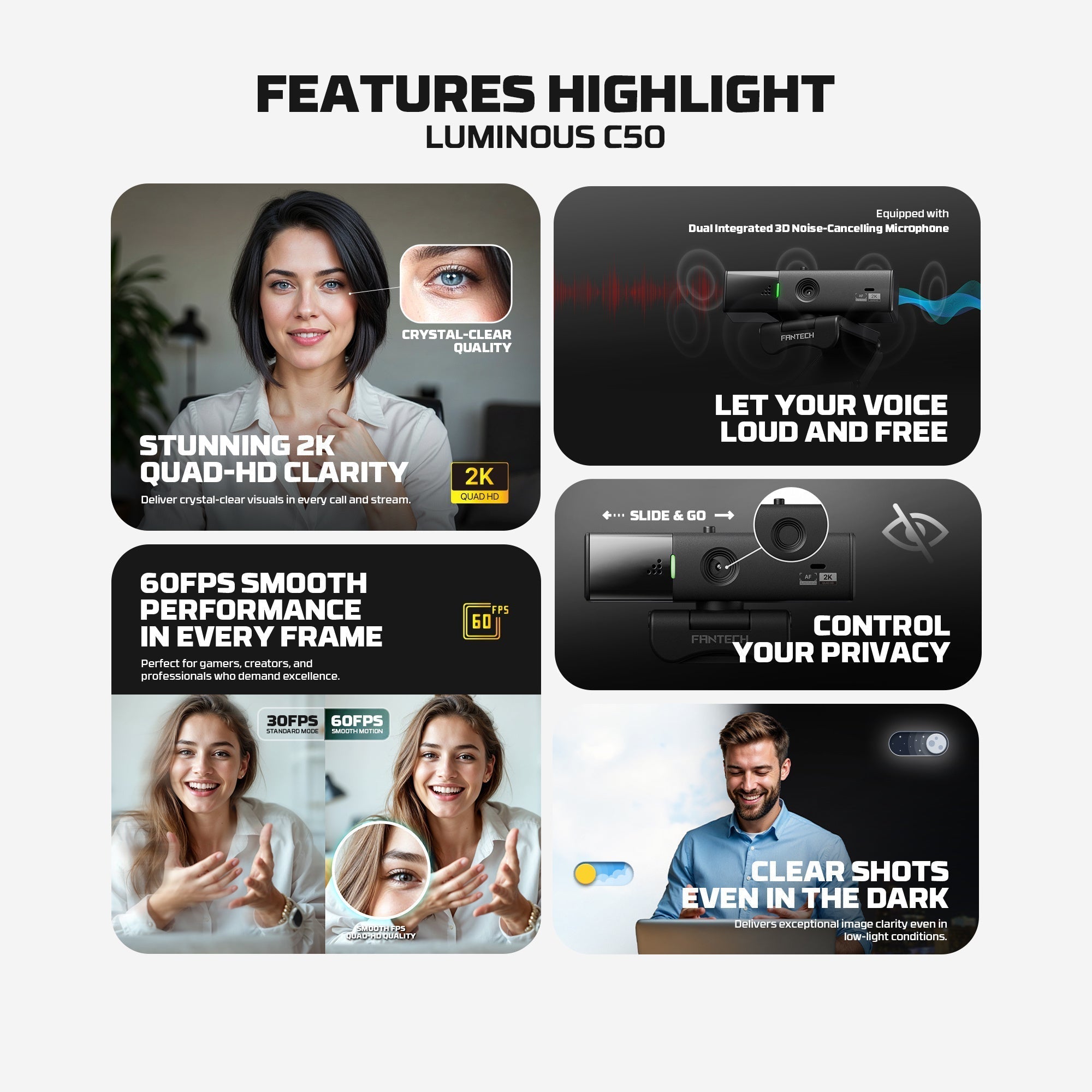 Fantech Luminous C50 Quad High-definition Webcam 2k Quad-hd Support 60 Fps & 3d Noise Cancelling Mic - Streaming