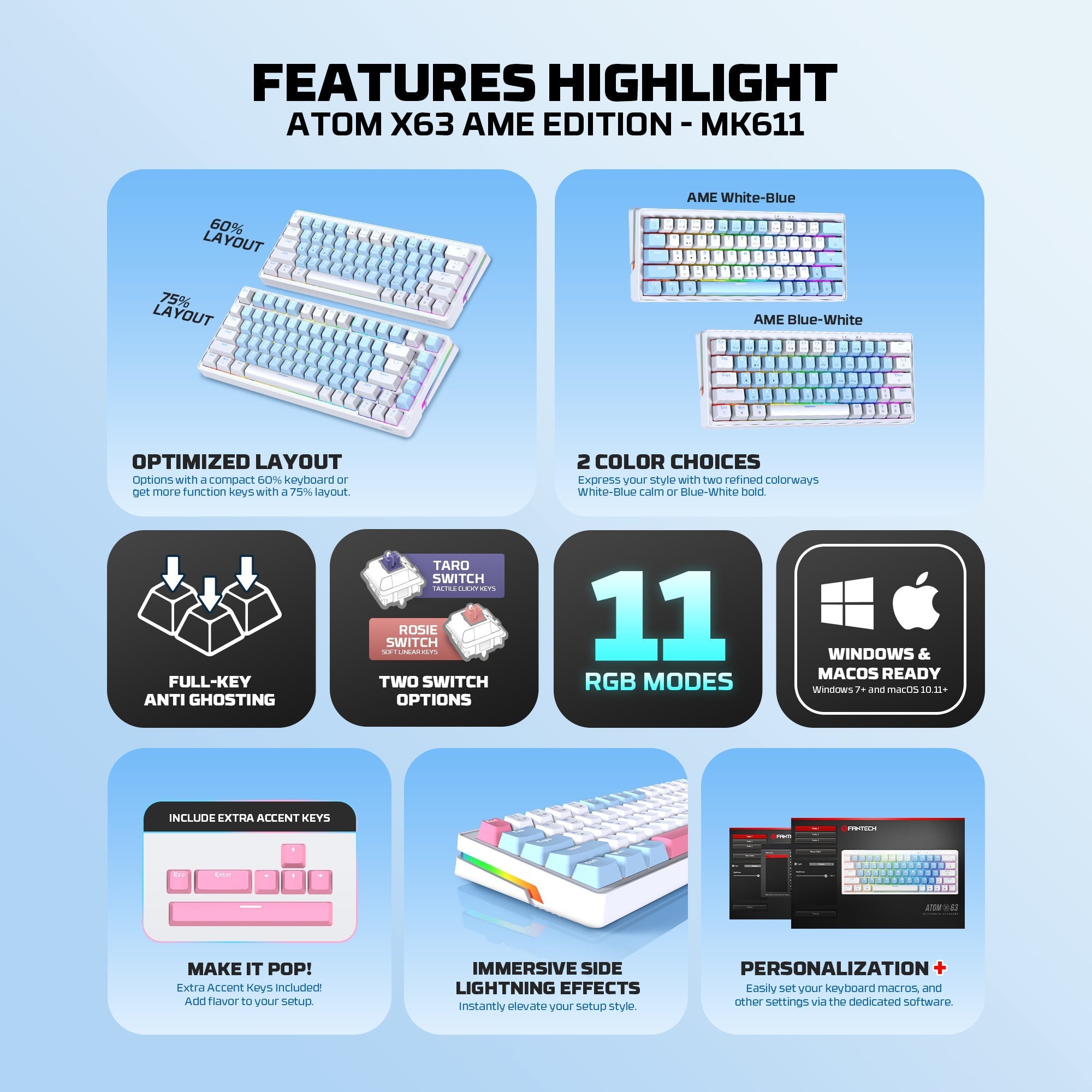 Fantech Mk611 Atom X63 Ame Edition - White - Keyboard