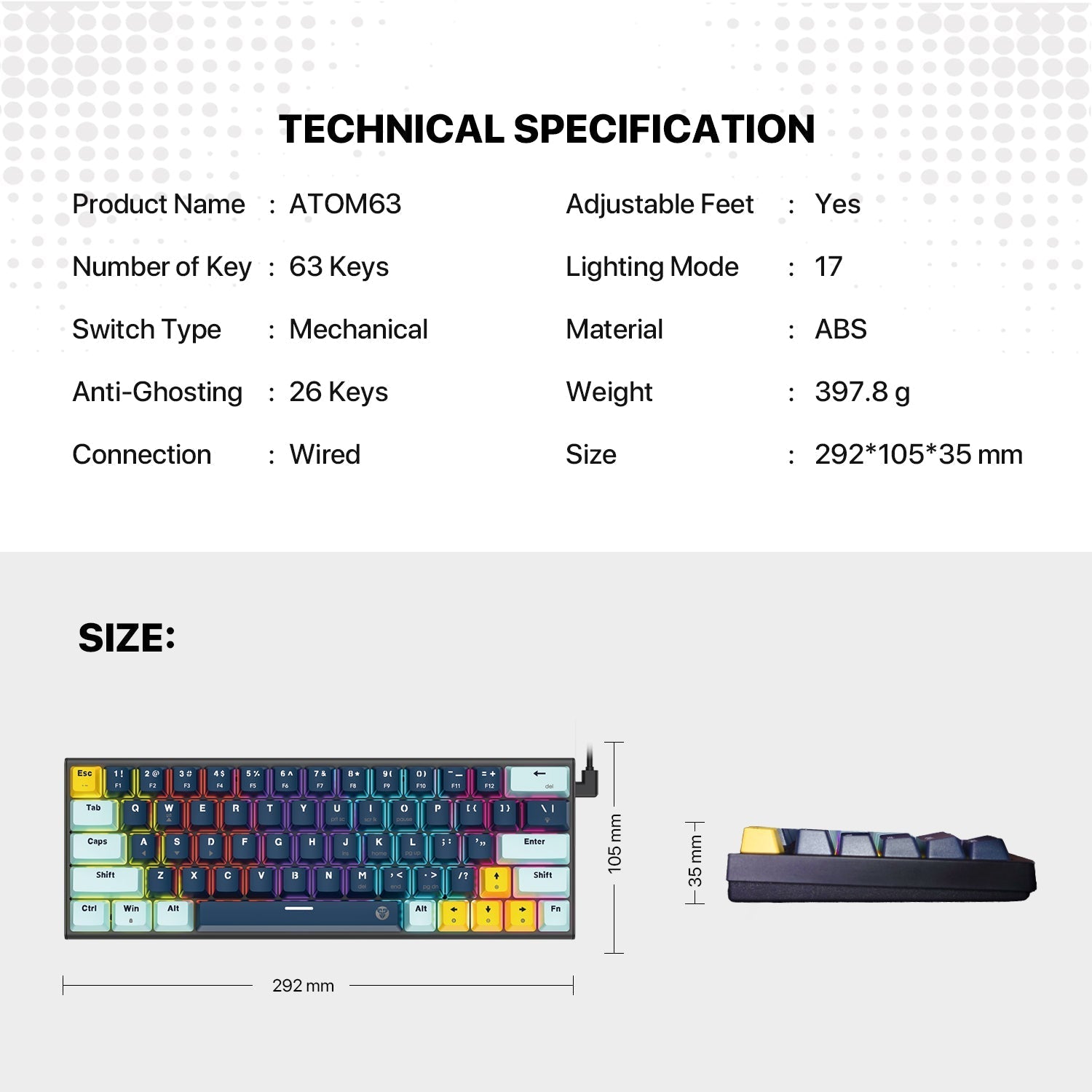 Fantech MK874 V2 Atom 63 Hot swappable Mechanical Keyboard Navy Blue Keyboard