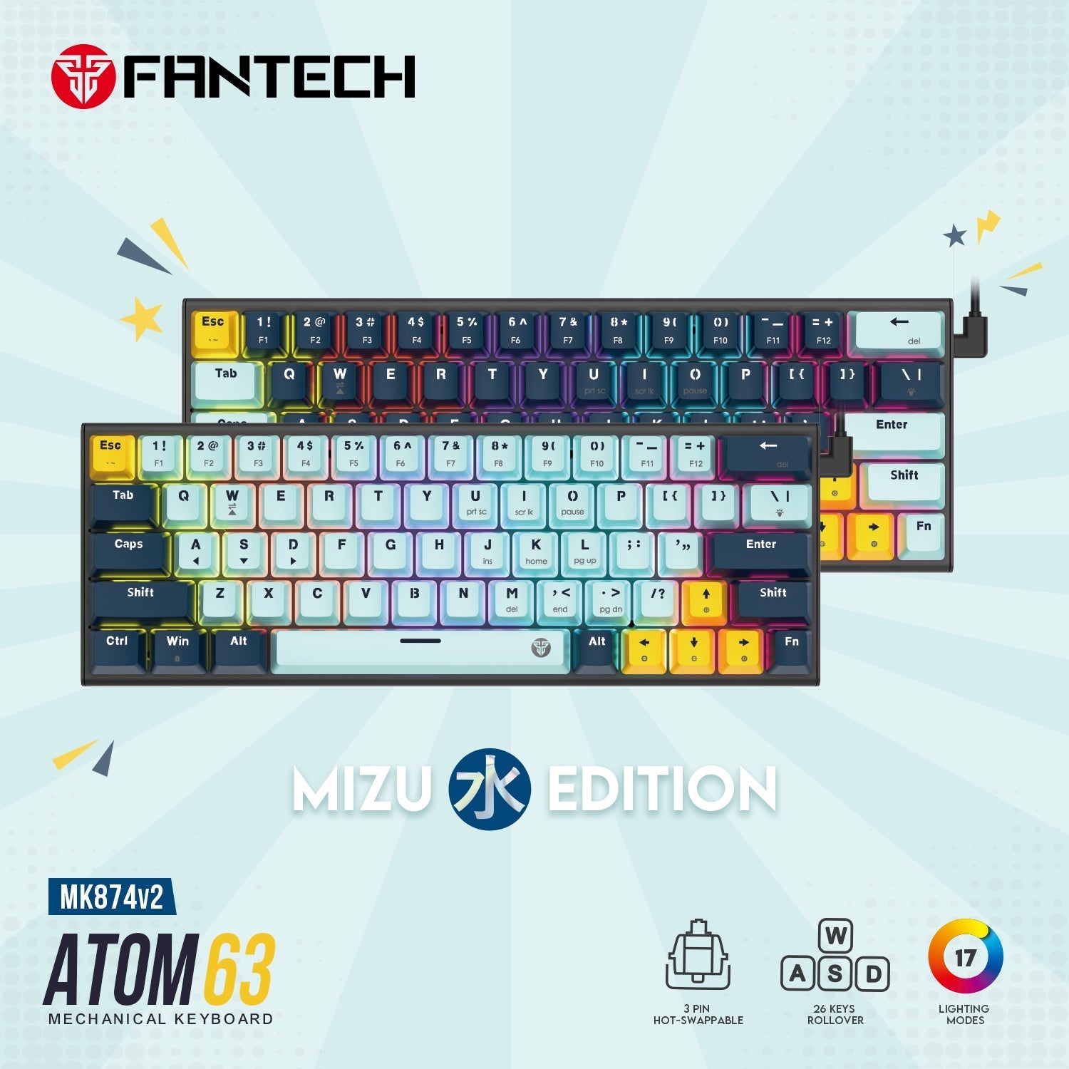 Fantech MK874 V2 Atom 63 Hot swappable Mechanical Keyboard Navy Blue Keyboard