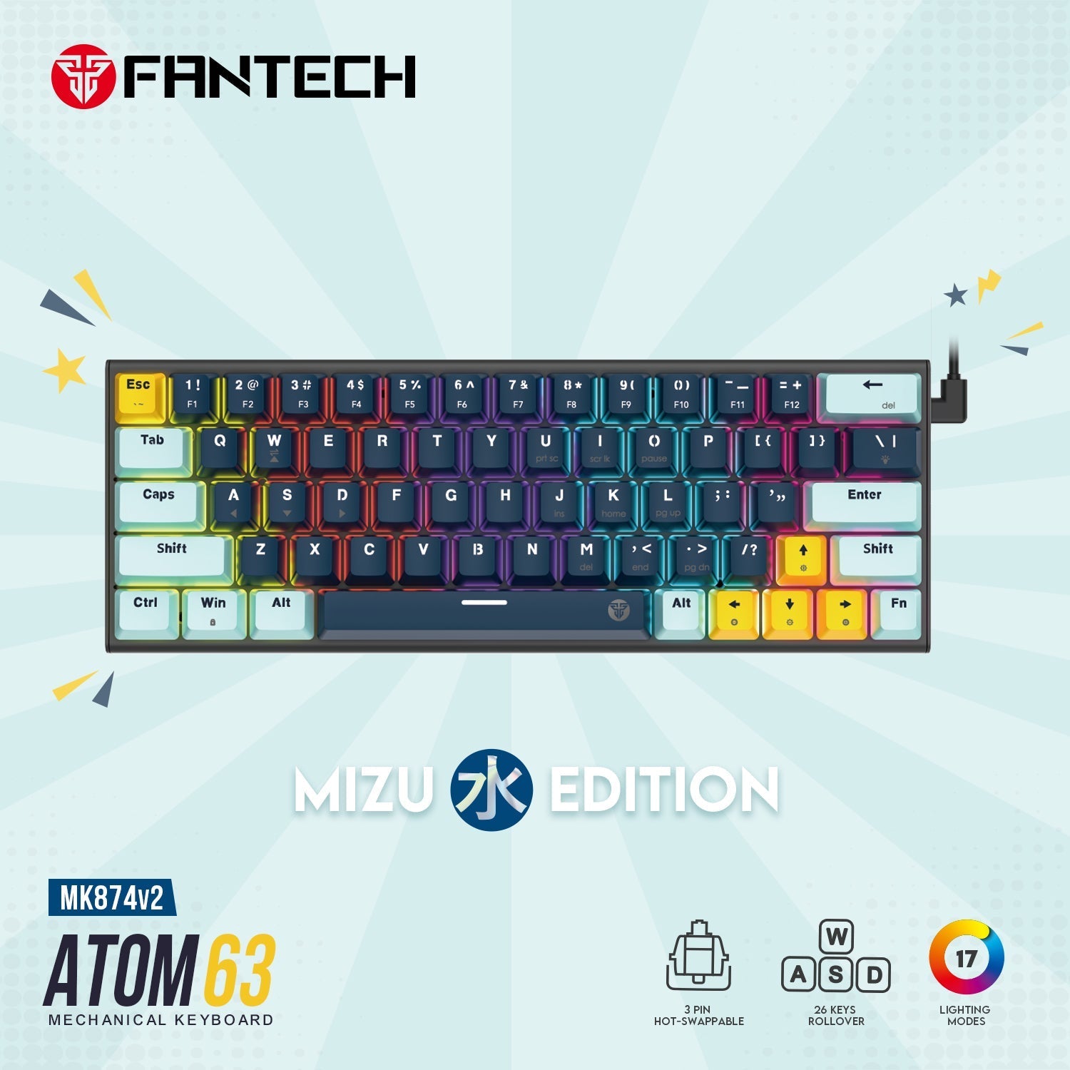 Fantech MK874 V2 Atom 63 Hot swappable Mechanical Keyboard Navy Blue Keyboard