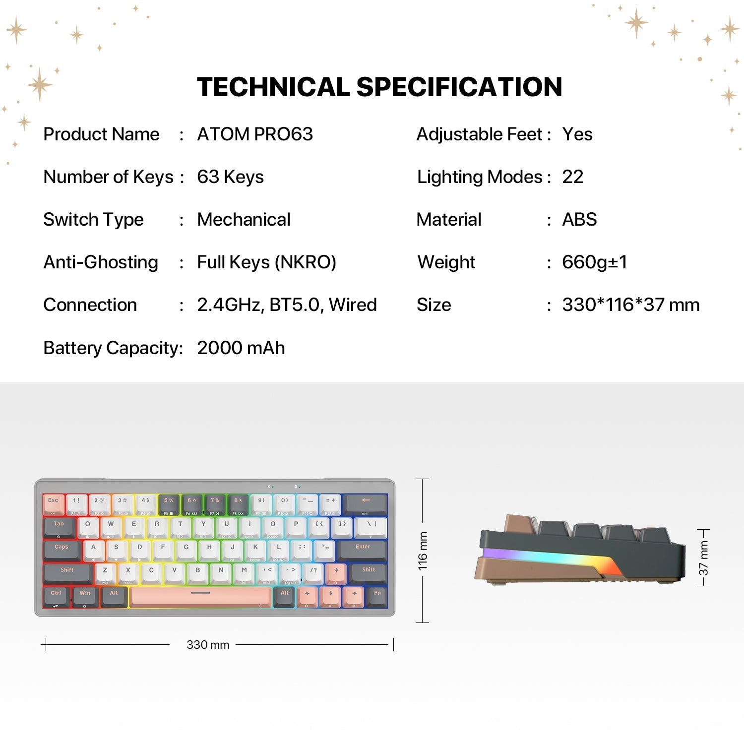 Fantech MK912 ATOM PRO63 RGB Bluetooth Wireless Gaming keyboard Saturn Keyboard