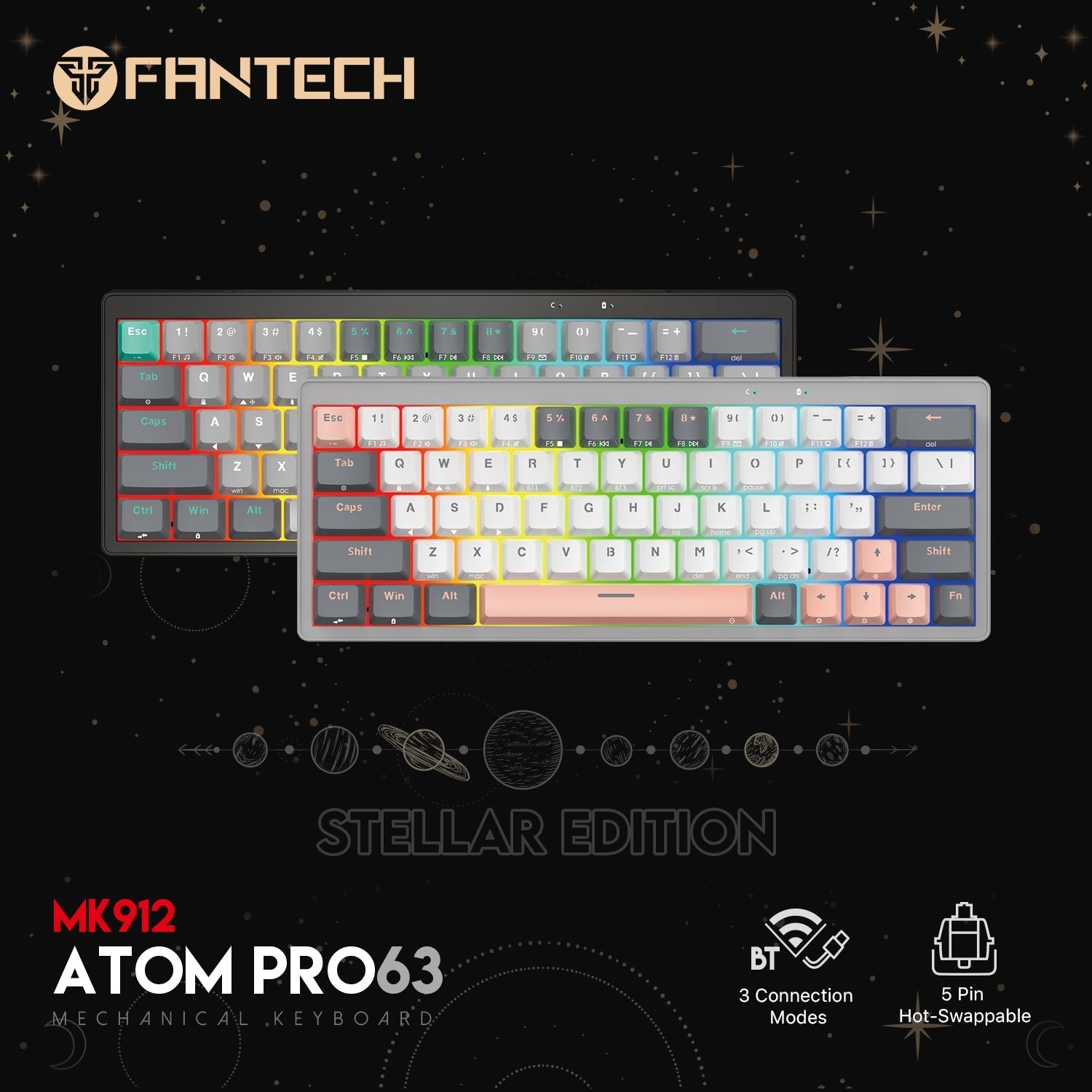 Fantech MK912 ATOM PRO63 RGB Bluetooth Wireless Gaming keyboard Saturn Keyboard