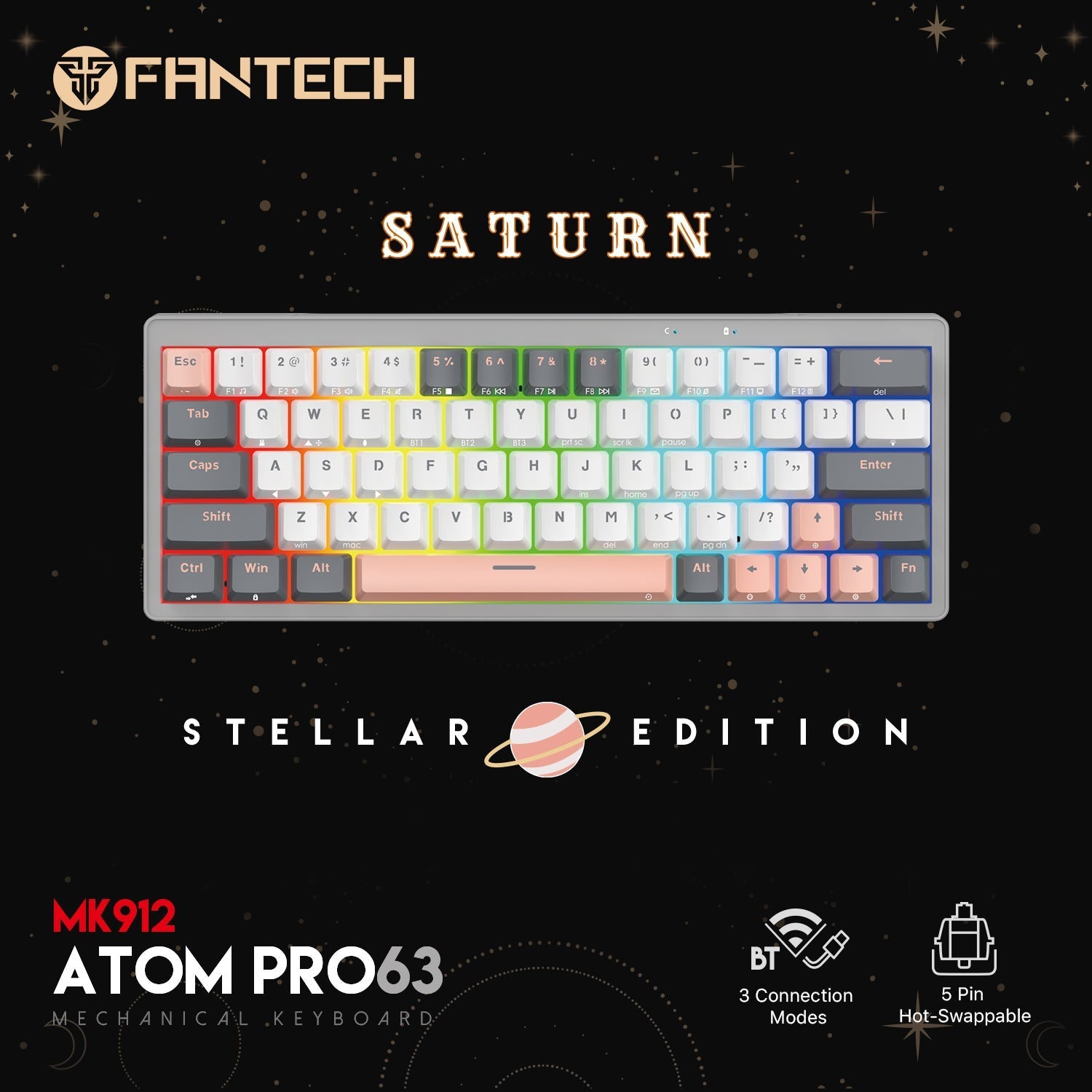 Fantech MK912 ATOM PRO63 RGB Bluetooth Wireless Gaming keyboard Saturn Keyboard