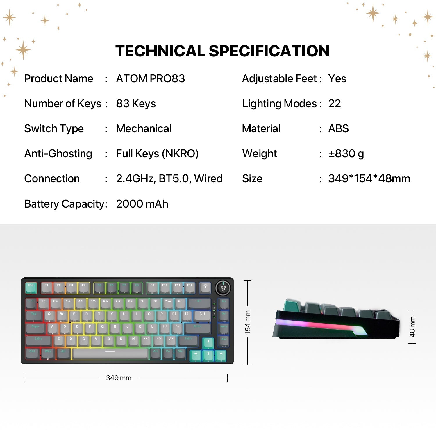 Fantech MK913 ATOM PRO83 RGB Bluetooth Wireless Gaming keyboard Saturn Keyboard