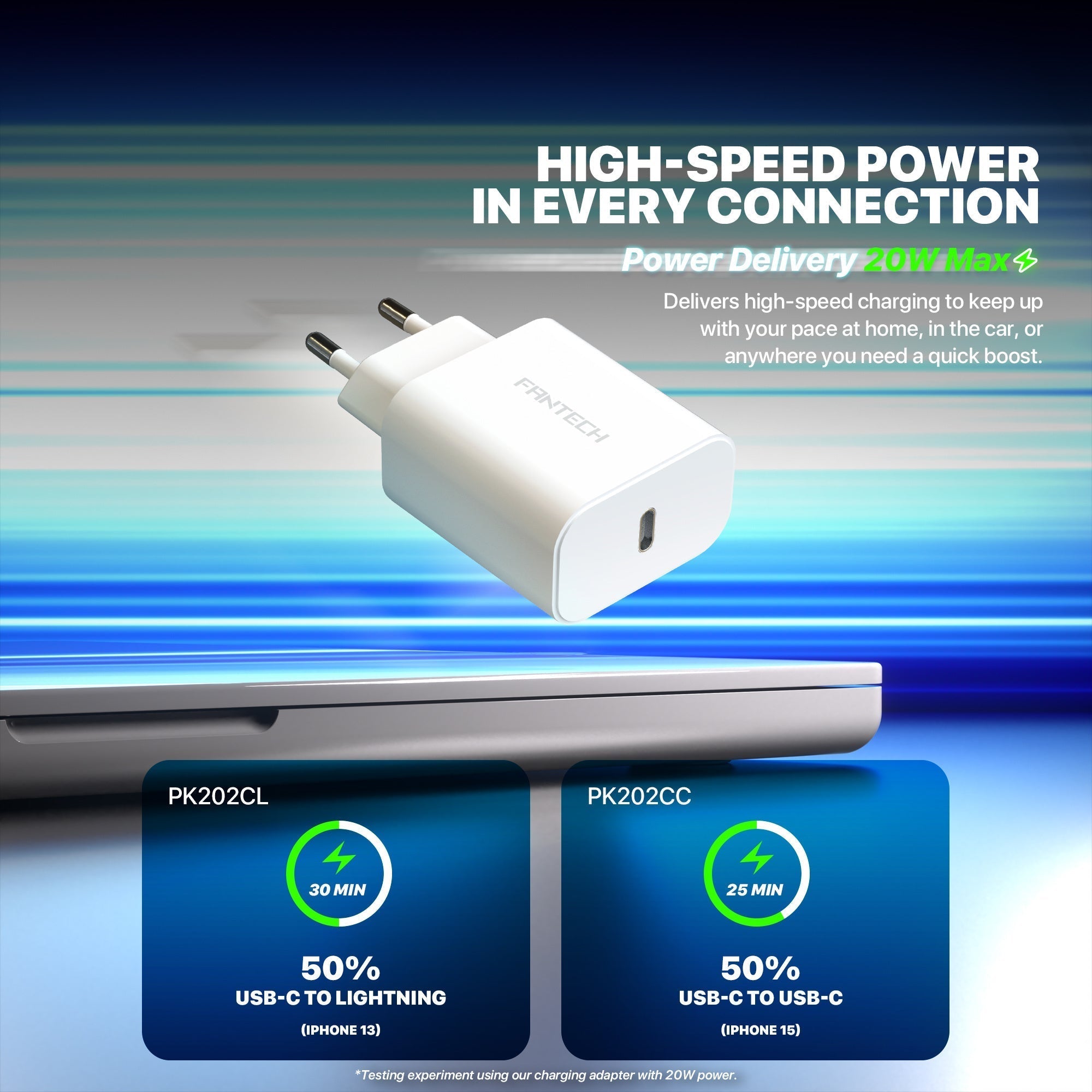 Fantech Pk202 20w Fast Charging Plug Usb c Braided Cable Power Delivery for Iphone Home Car Travel use Phone Charger