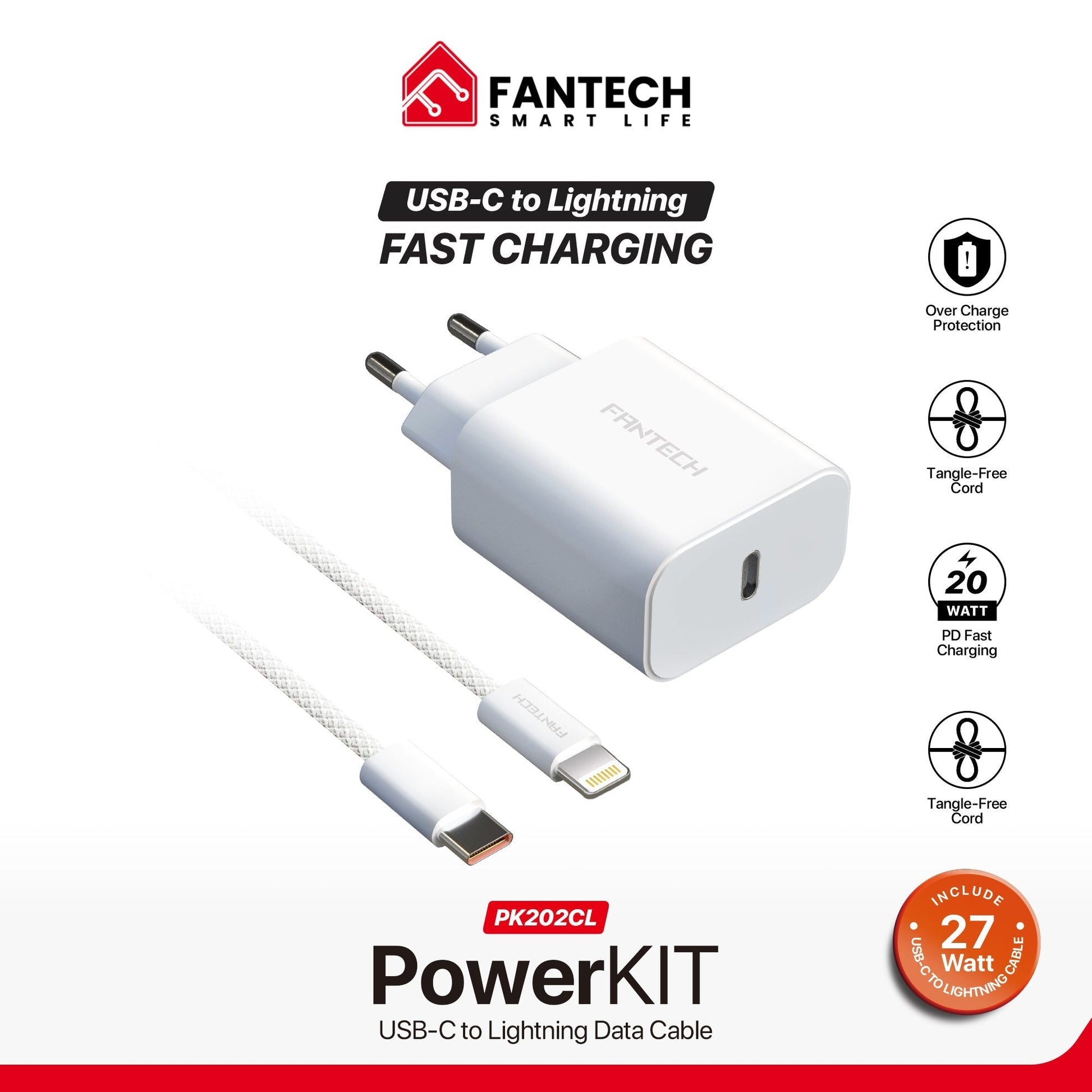 Fantech Pk202 20w Fast Charging Plug Usb c Braided Cable Power Delivery for Iphone Home Car Travel use Phone Charger