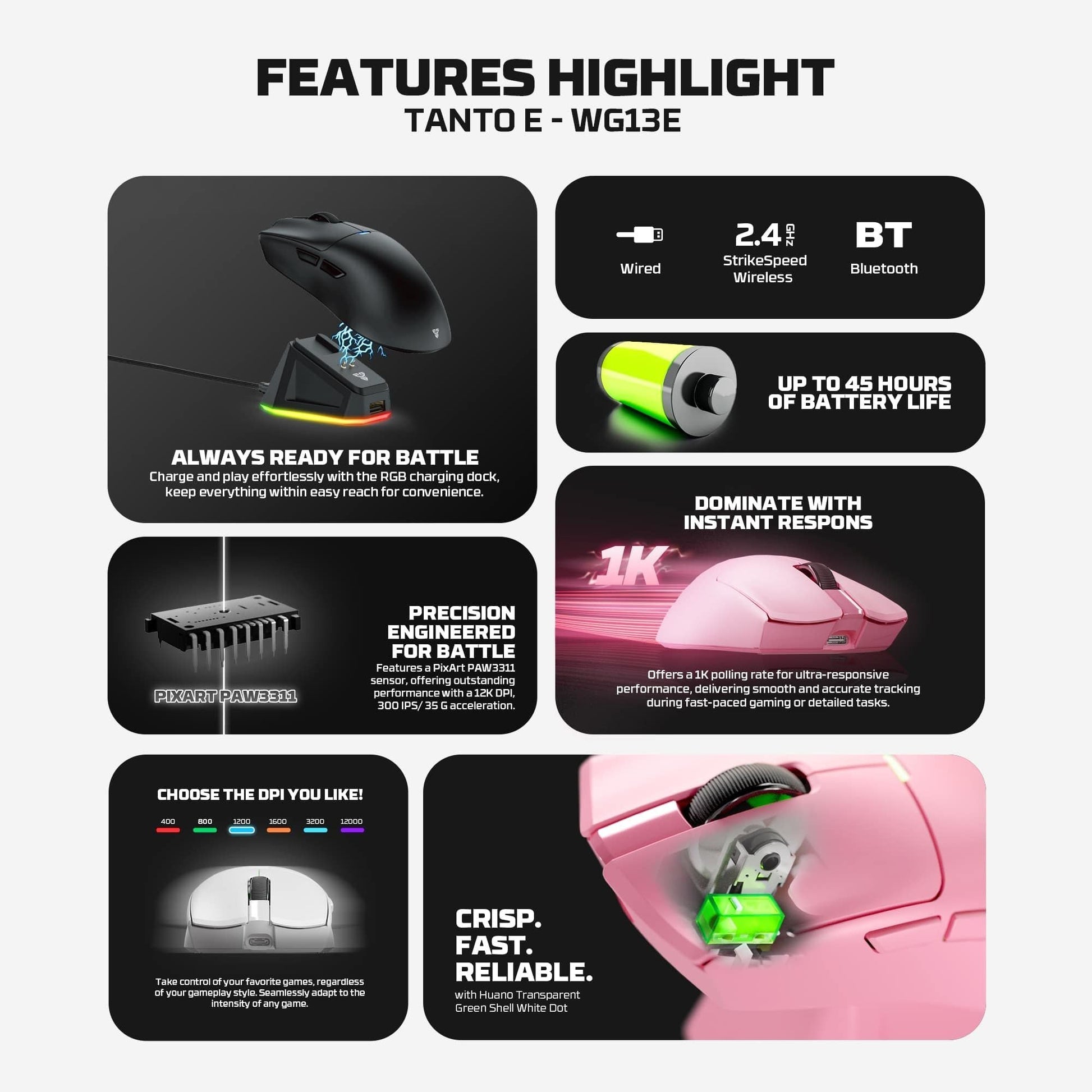 Fantech Tantoe Wg13e Wireless Mouse Three-mode Switching and Magnetic Rechargeable Dock Pixart Paw3311 Up to 45 Hours