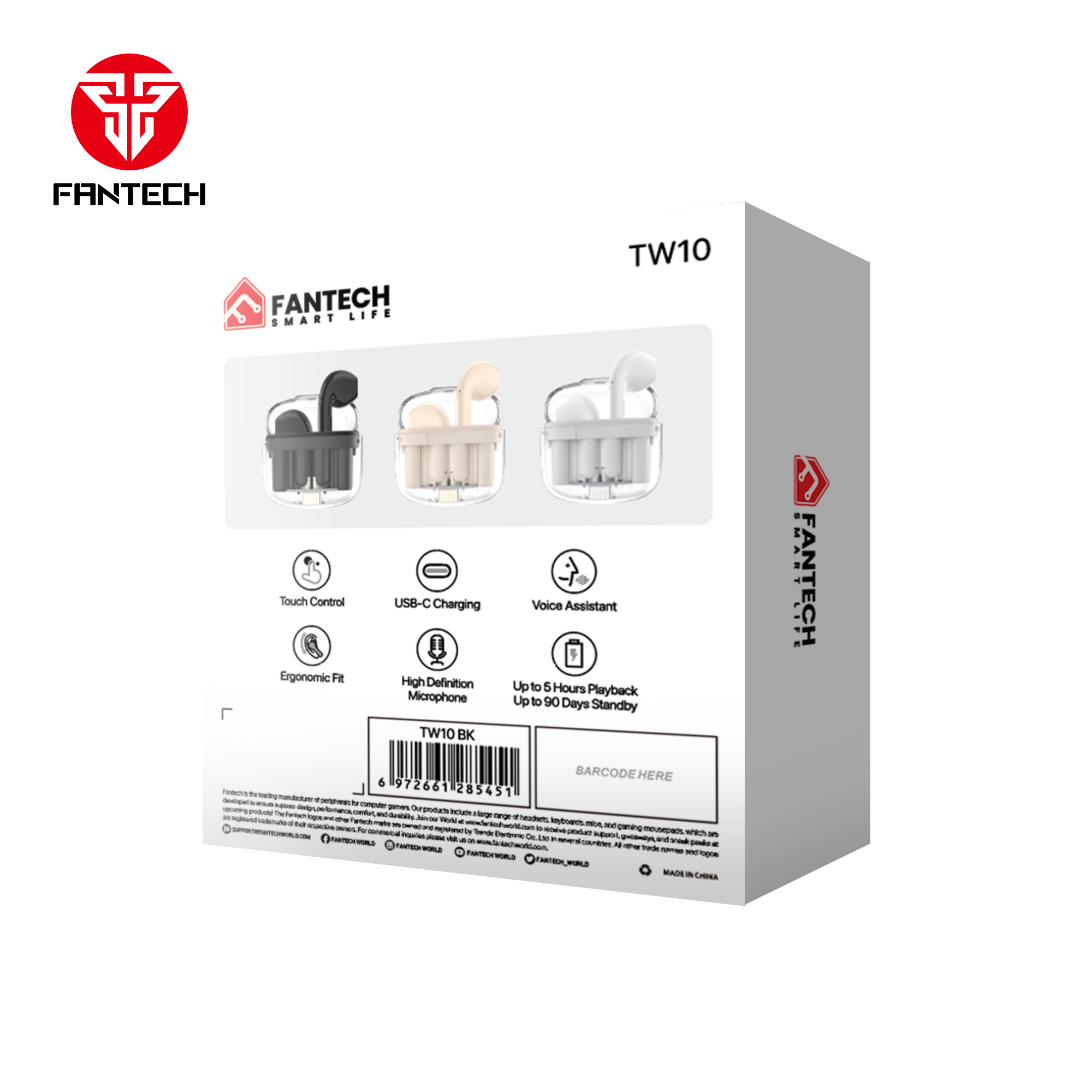 Fantech TWS Bluetooth Wireless Wave 10 TW10 Built in Microphone Audio