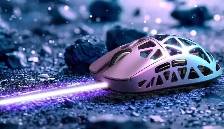 A futuristic, lightweight gaming mouse with a skeletal, honeycomb-like shell and a glowing laser beam emanating from its front.