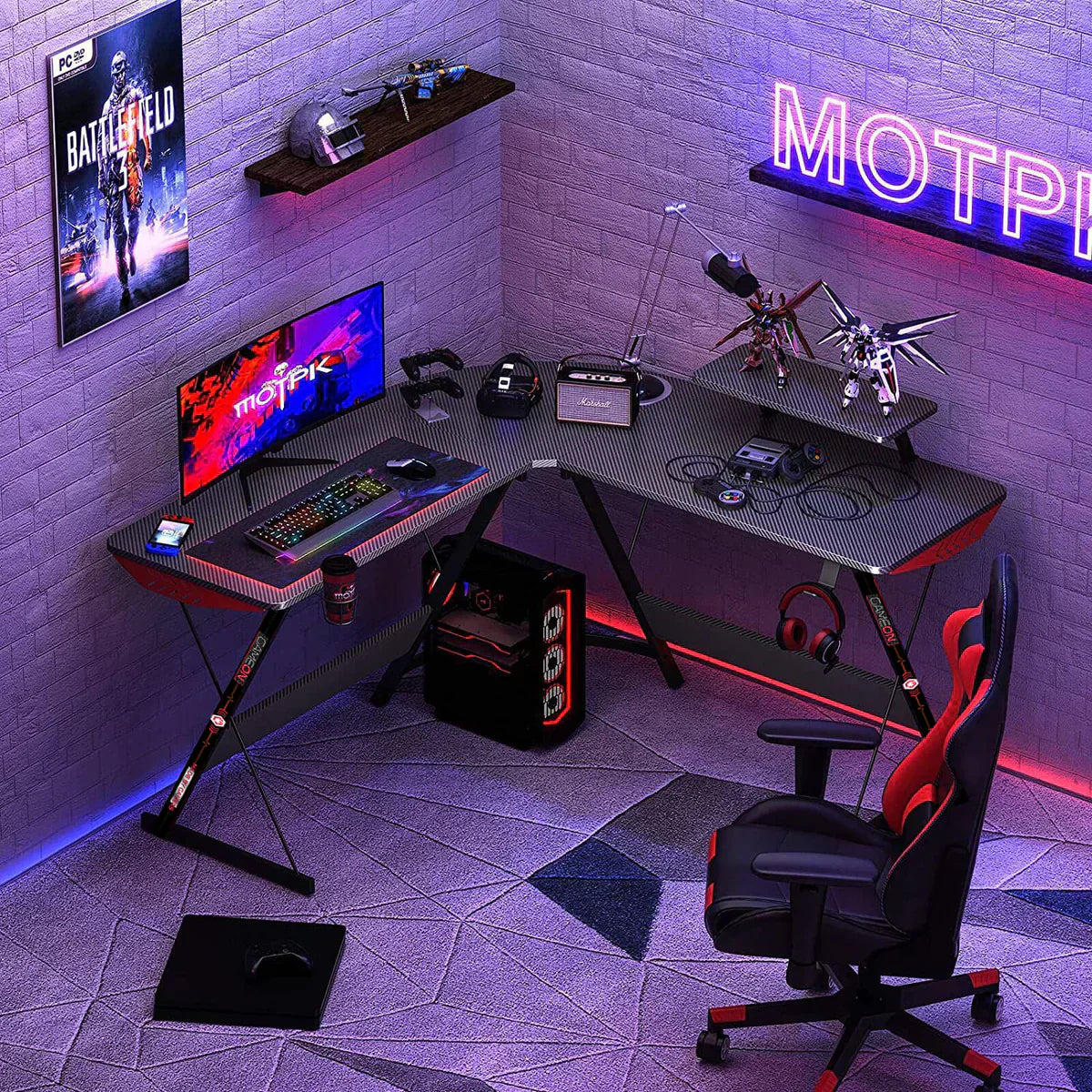 GAMEON L Shaped Slayer I Series Gaming Desk (Size: 129*129*74cm & Table top