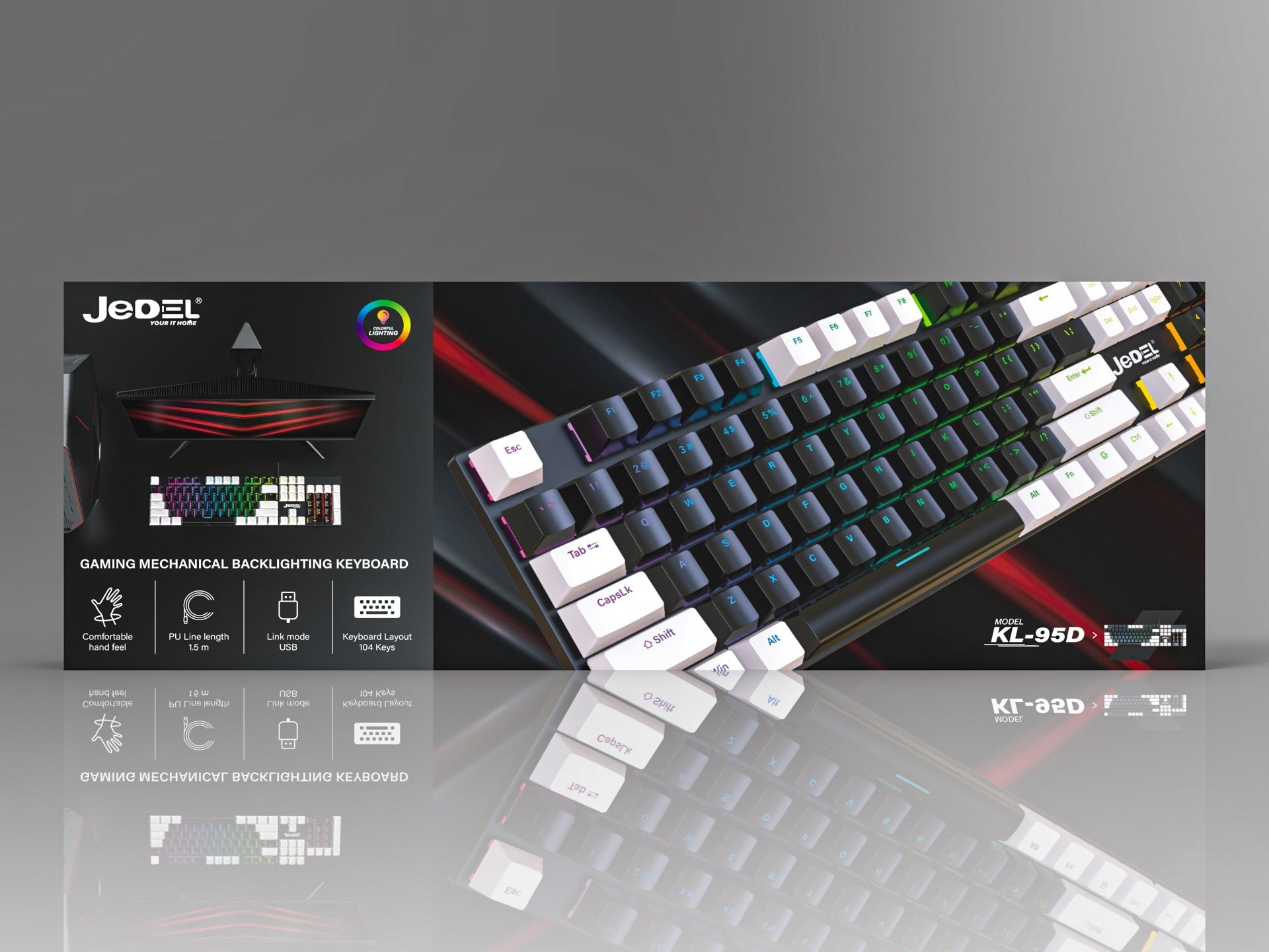 Jedel Full Size 104 Keys Wired Mechanical Keyboard with Blue Switch Metal Surface 8 Lighting Mode Gaming Keyboard