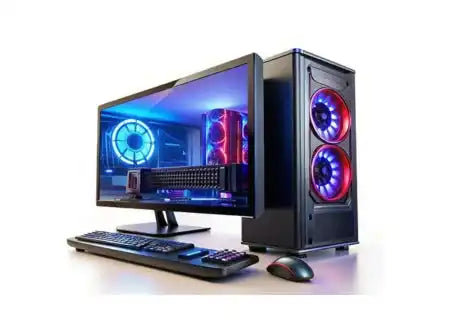 A modern desktop computer setup with a monitor, keyboard, mouse, and a gaming PC tower with internal blue and red lighting.