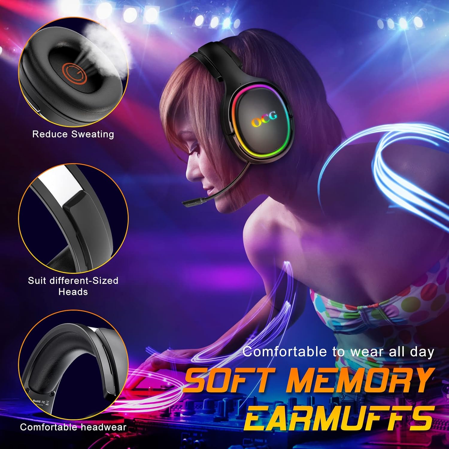 Ocg Gaming Headset 2.4ghz Bluetooth Wireless Gaming Headphones for Ps5 Ps4 Pc with Retractable Microphone,rgb Light
