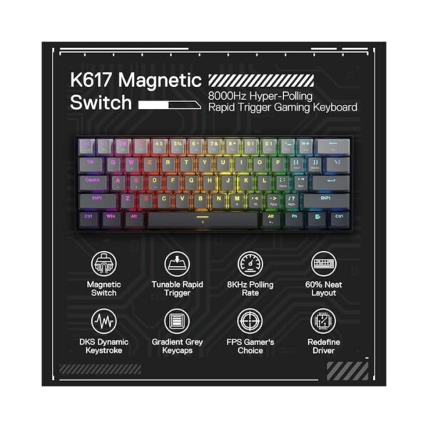 Redragon FIZZ K617GGB Magnetic Switch Rapid Trigger Gaming Keyboard 60% Wired