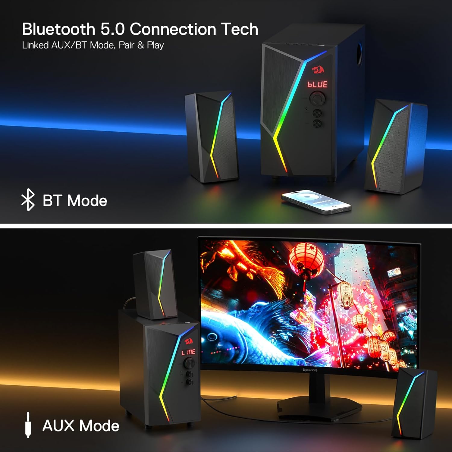 Redragon GS520 PRO Computer Gaming Speakers with Subwoofer 2.1 Channel RGB