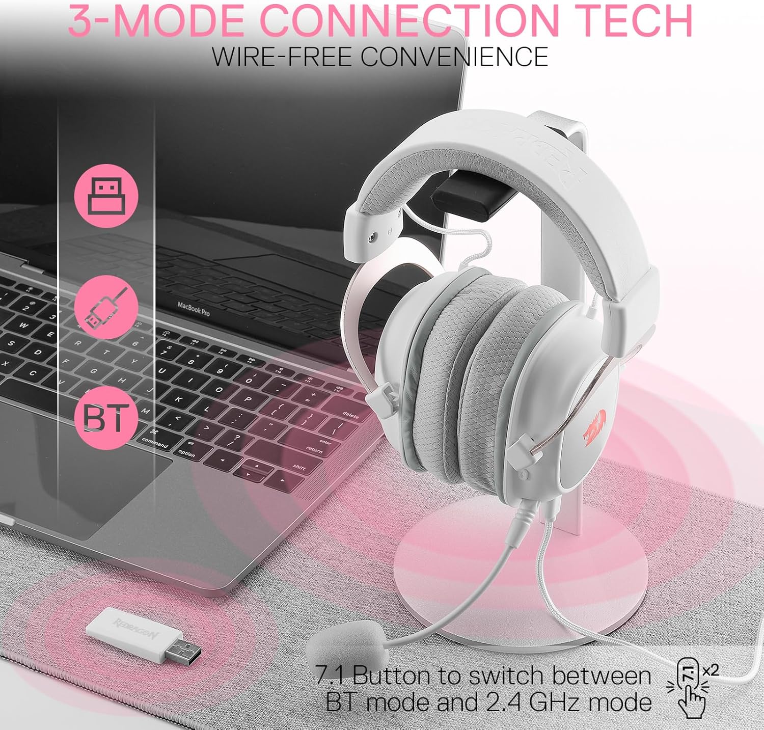 Redragon H510 Pro 3-mode Rgb Gaming Headset - 7.1 Surround Sound - 53mm Audio Drivers in Memory Foam Ear Pads W/durable