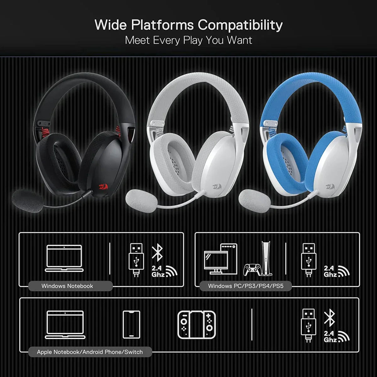 Redragon H848 BT Wireless Gaming Headset Lightweight 7.1 Surround Sound Audio