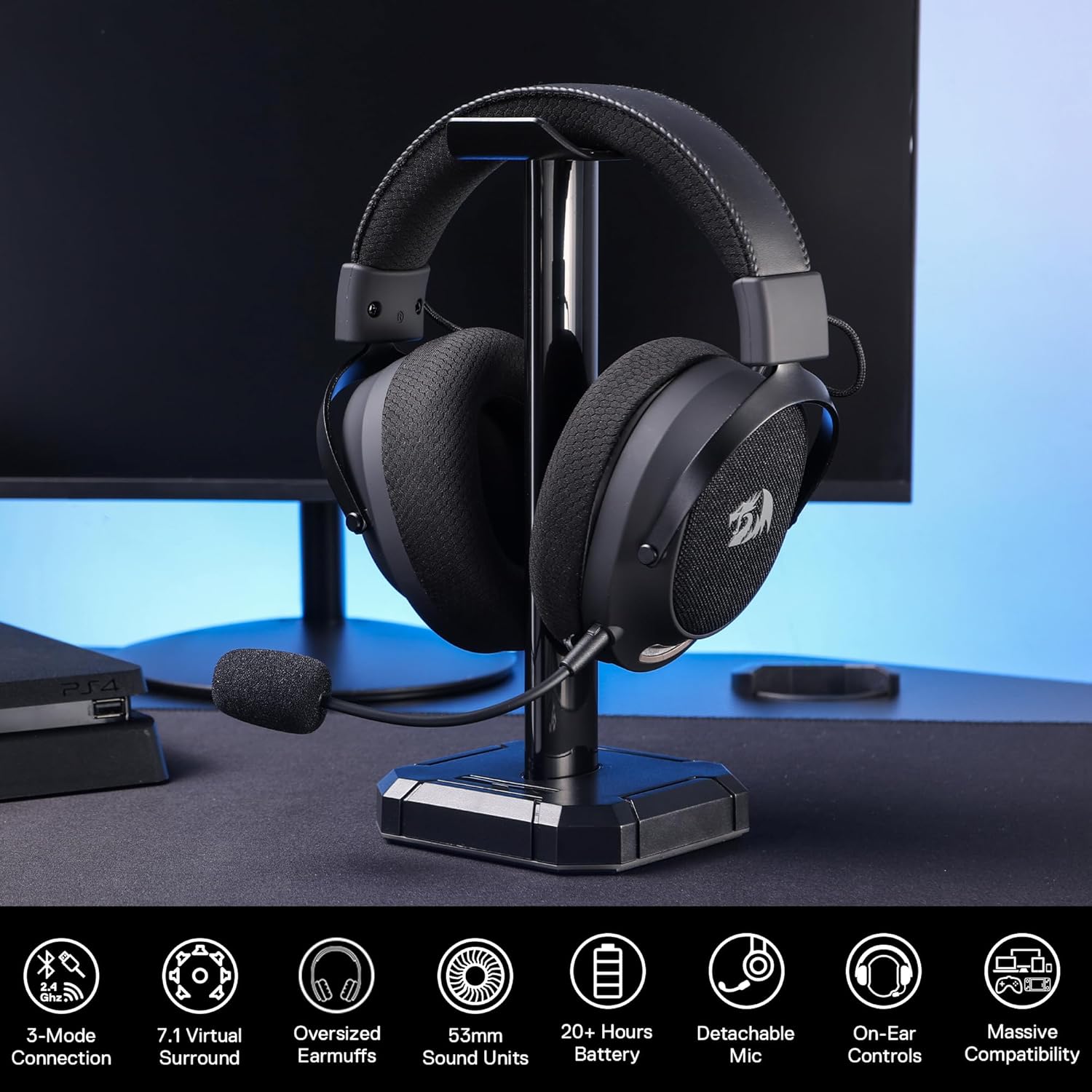 Redragon H858 3-mode Wireless Gaming Headset 7.1 Surround Sound + Redragon Ha300 Scepter Pro Headset Stand Rgb. - Audio
