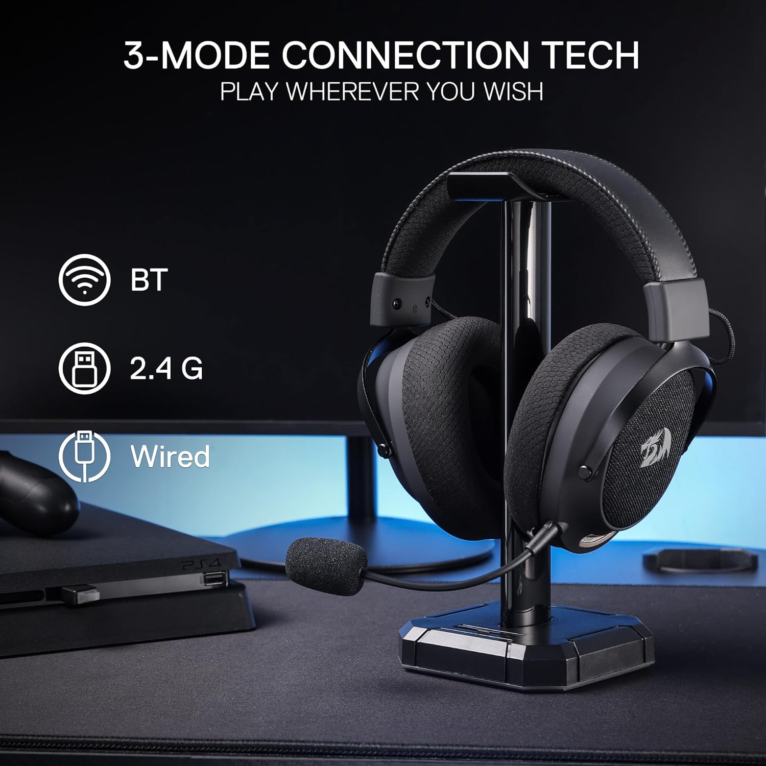 Redragon H858 3-mode Wireless Gaming Headset 7.1 Surround Sound + Redragon Ha300 Scepter Pro Headset Stand Rgb. - Audio