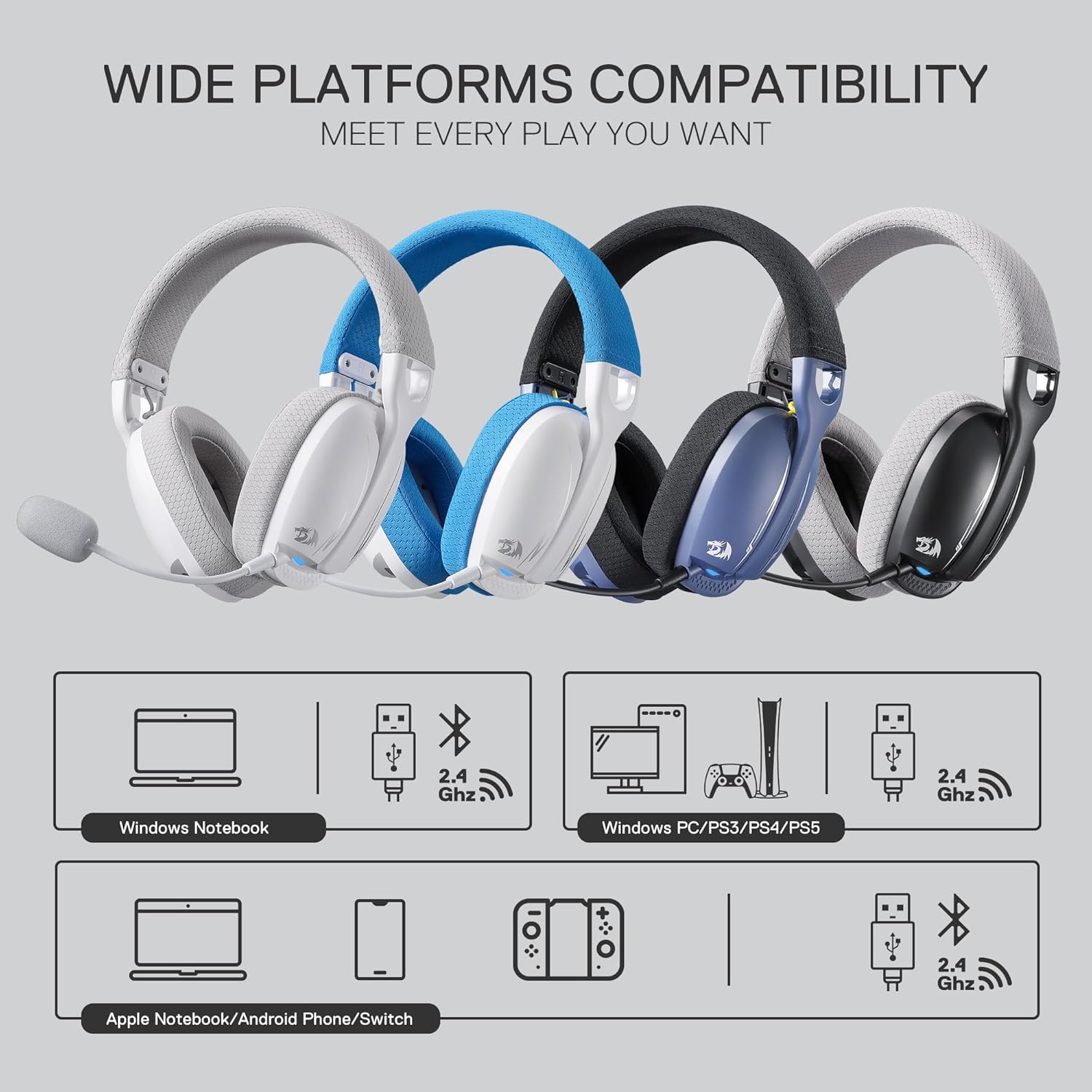 Redragon H878 3 Mode Wireless Blue Lighting Gaming Headset Lightweight 7.1