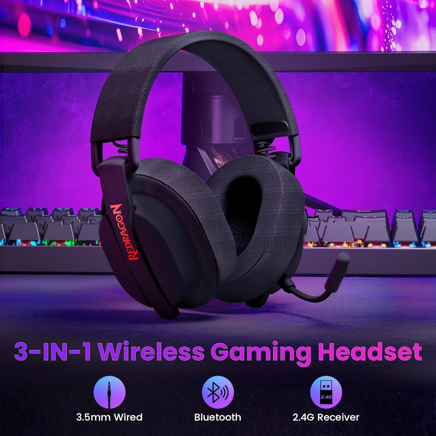 Redragon H888 Wireless Gaming Headset with 7.1 Surround Sound Tri Mode Gaming