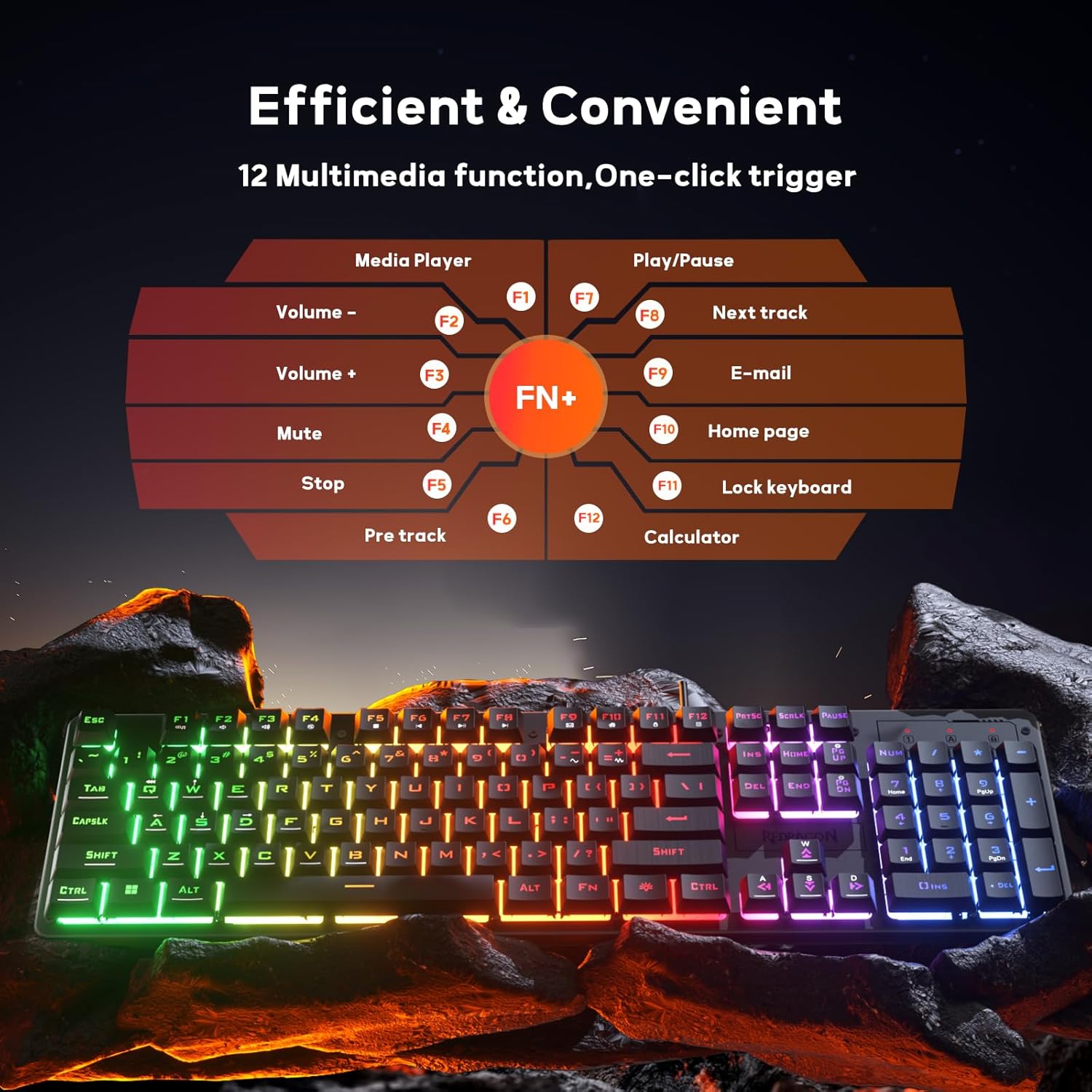 Redragon K521 Upgrade Rainbow Led Gaming Keyboard 104 Keys Wired Mechanical Feeling Keyboard with Multimedia Keys