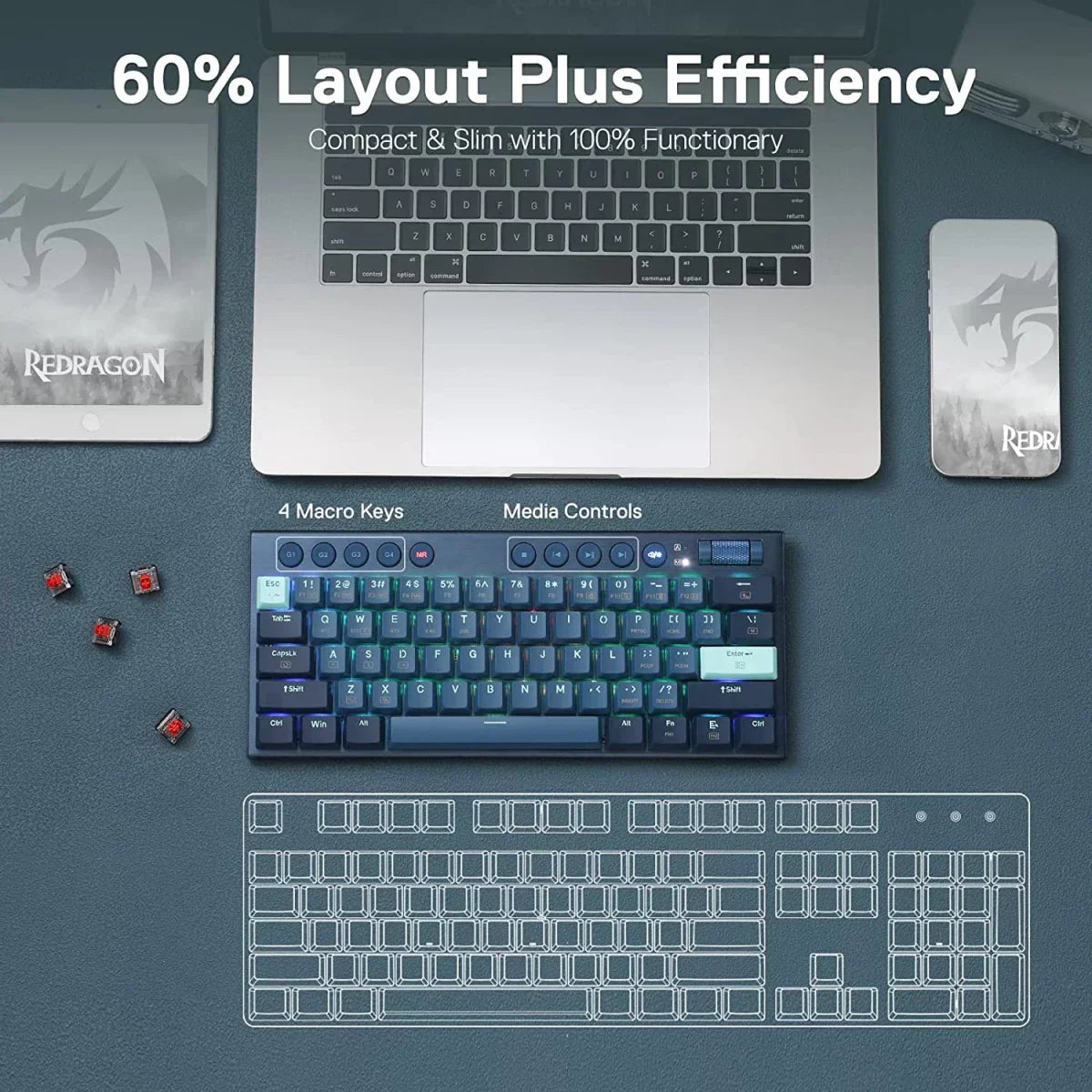 Redragon K632 Blue PRO 60% 3 Mode Connection RGB Mechanical Ultra Thin Low