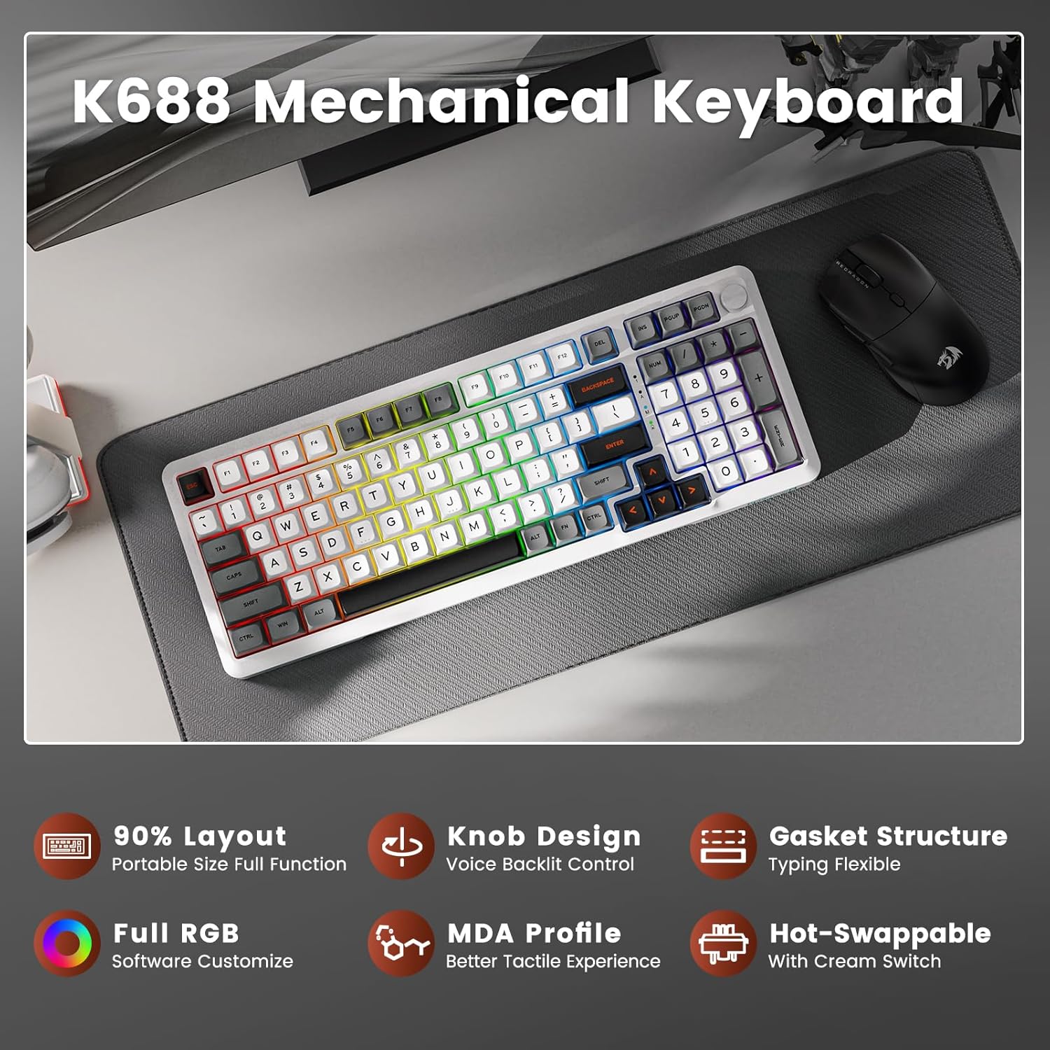 Redragon K688 GWL Wireless Mechanical Keyboard 3 Mode Gasket Mounted RGB Gaming