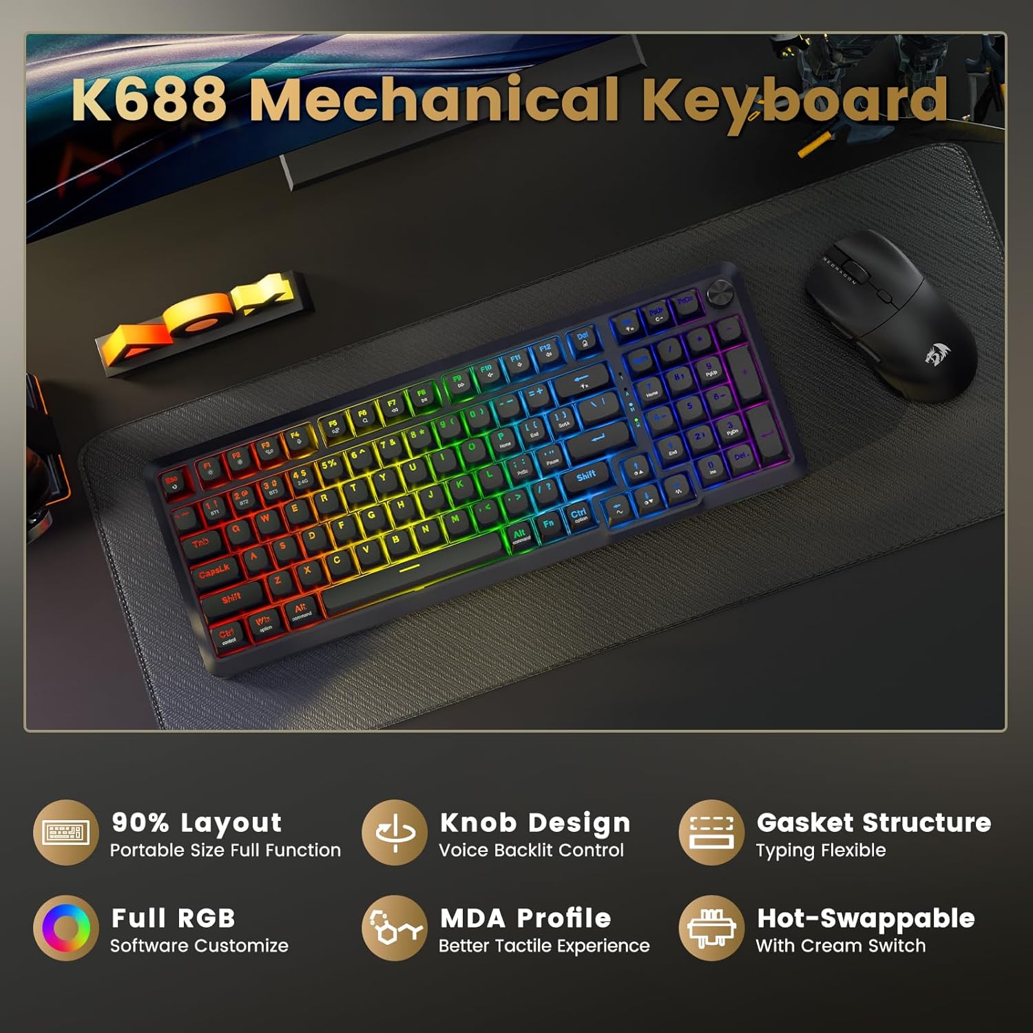 Redragon K688 Wireless Mechanical Keyboard 3 Mode Gasket Mounted RGB Gaming